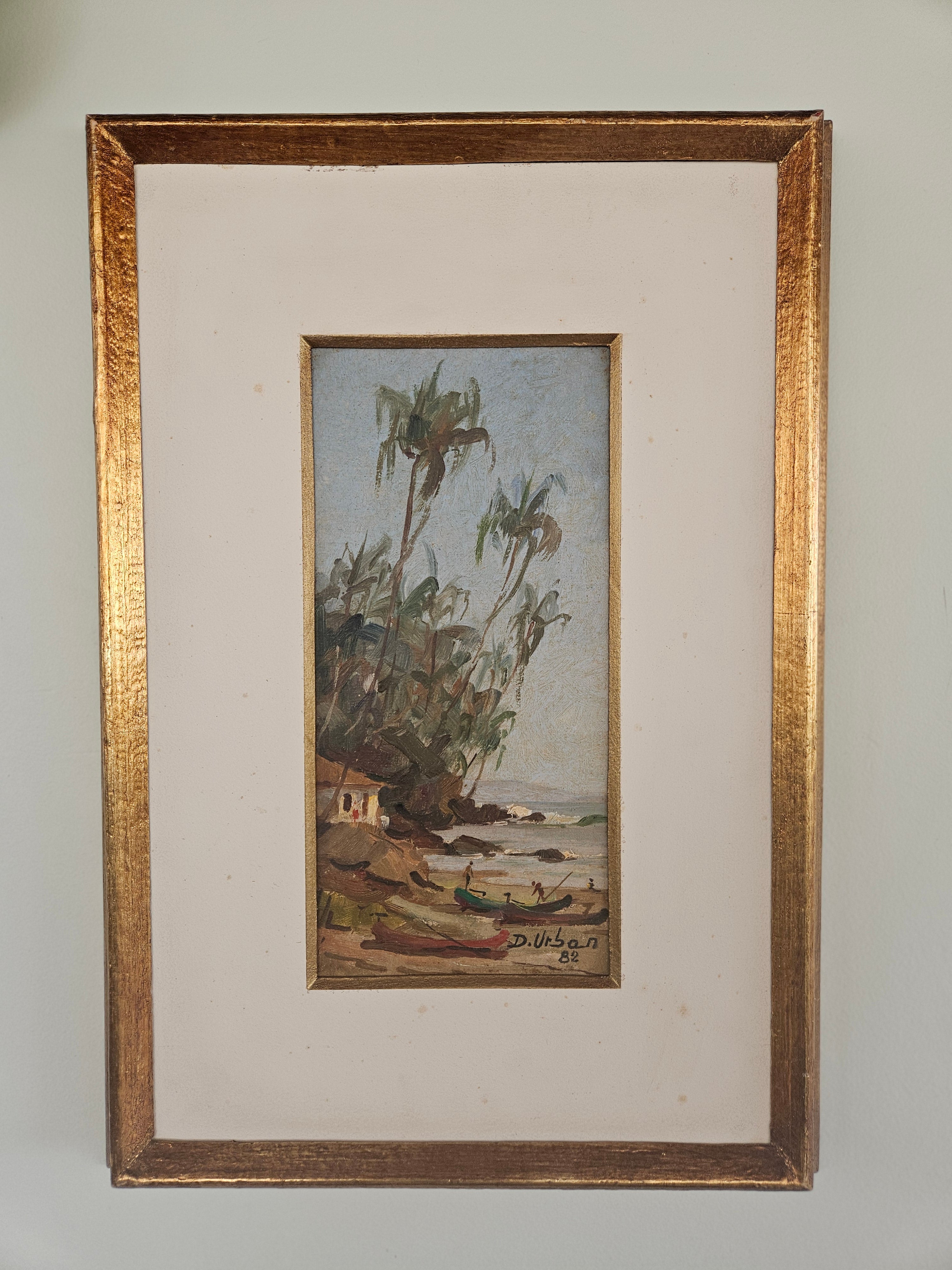 Quadro a Óleo de Djalma Urban (1982) - “Prainha” com moldura dourada 
