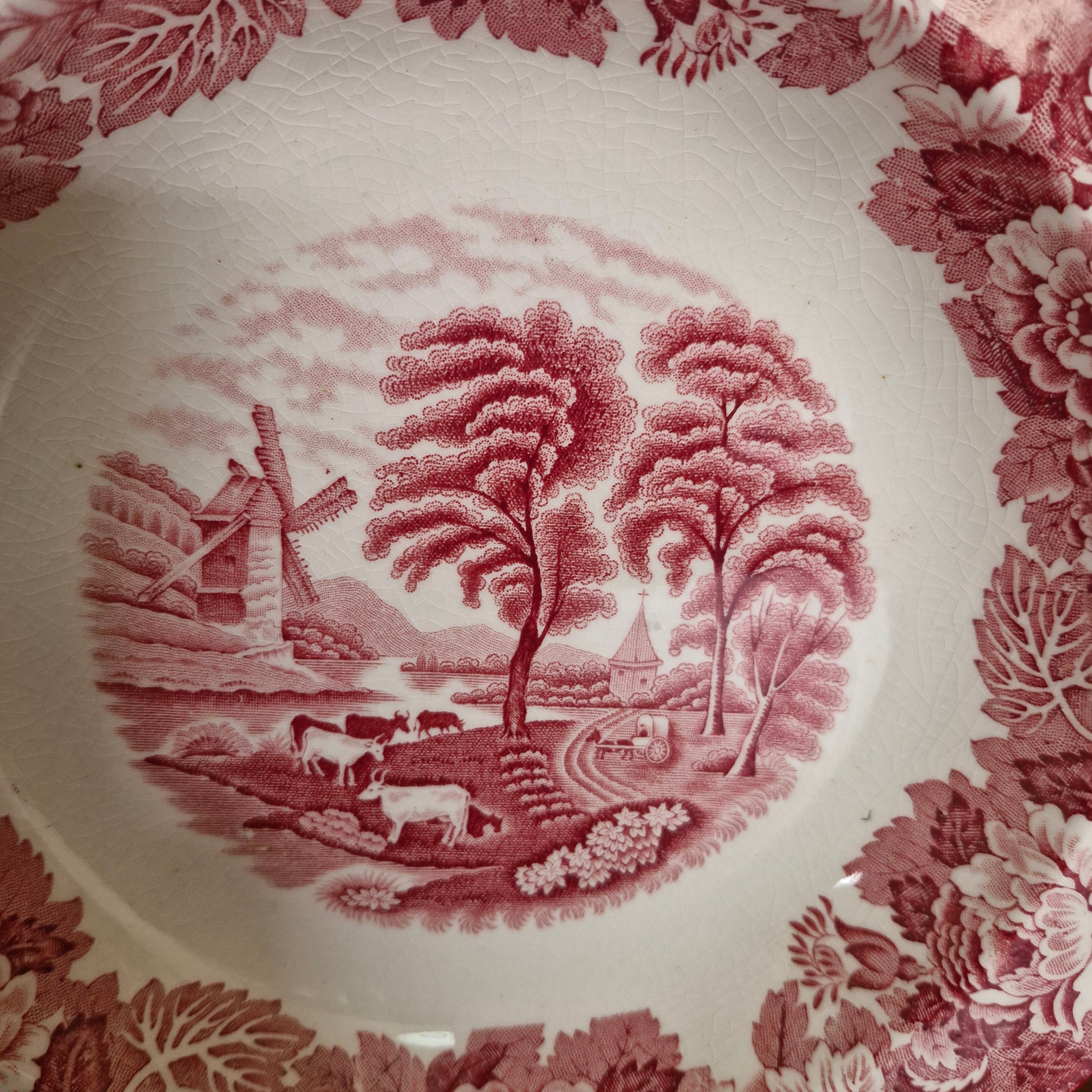 Prato Porcelana Inglesa com decoração campestre em vermelho 