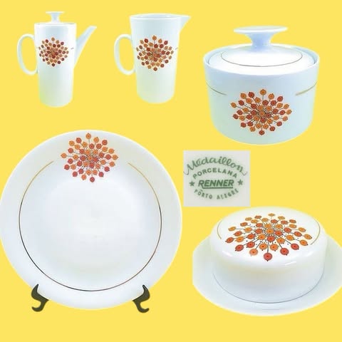 Jogo de chá Porcelana Renner com motivos em laranja e vermelho 