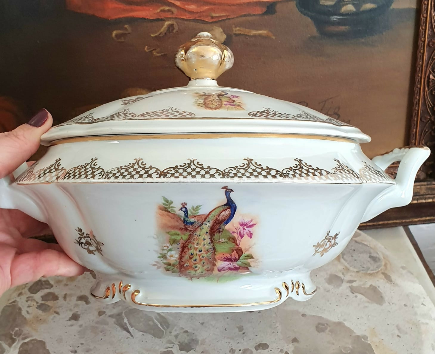 Conjunto em porcelana Real para sopa, 12 peças, anos 40, maravilhoso, Aves do Paraíso. Impecável!