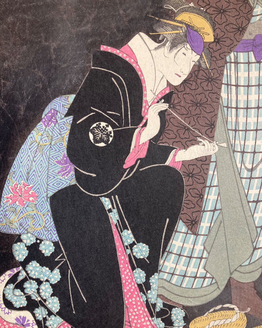 Xilogravura japonesa (Ukiyo-e) de Sharaku cena da peça do teatro Kabuki  peça "Yomo-no Nishiki Kokyo-no Tabiji" - Autêntica e Rara
