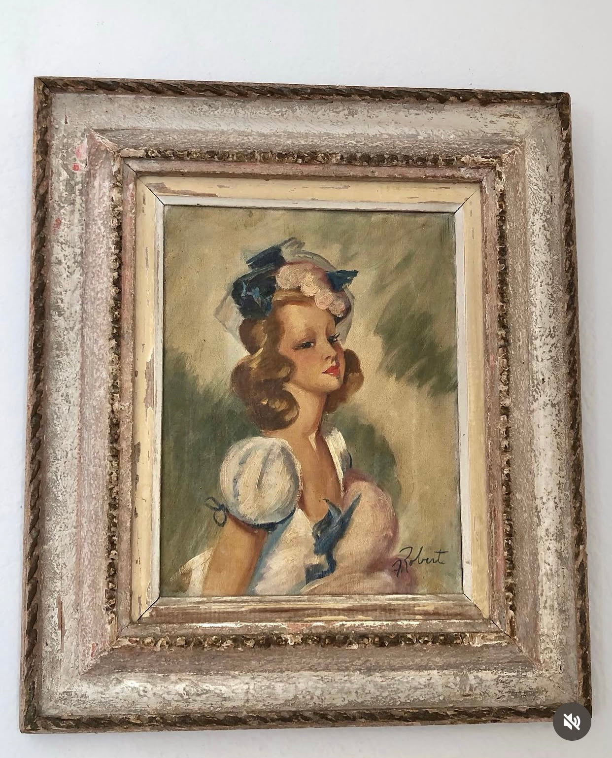Par de Quadros antigos óleo sobre tela - Mulheres com chapéu - anos 40