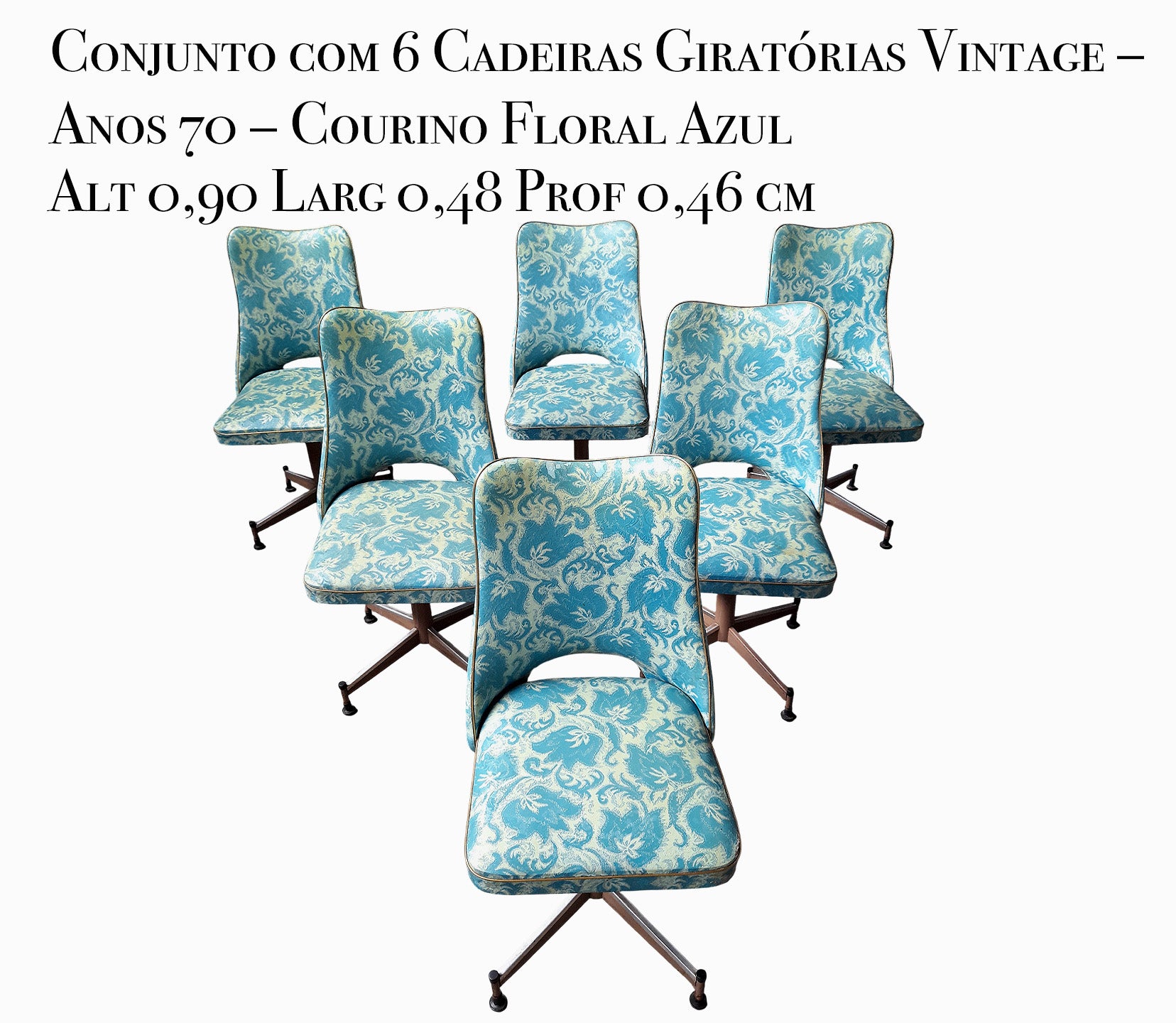 Conjunto com 6 Cadeiras Concha Giratórias Vintage – Anos 70 – Courino Floral Azul