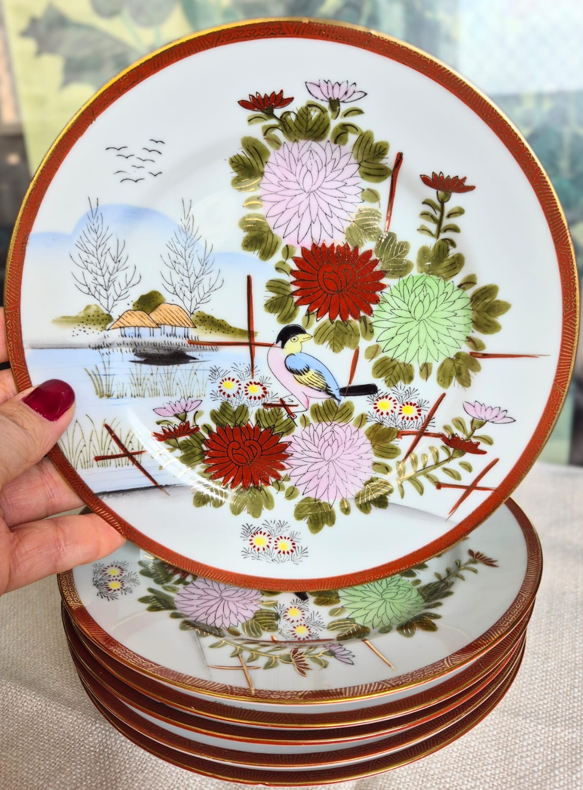 Conjunto de 6 pratos de sobremesa em porcelana japonesa Kutani,  da década de 30. Incríveis e perfeitos!