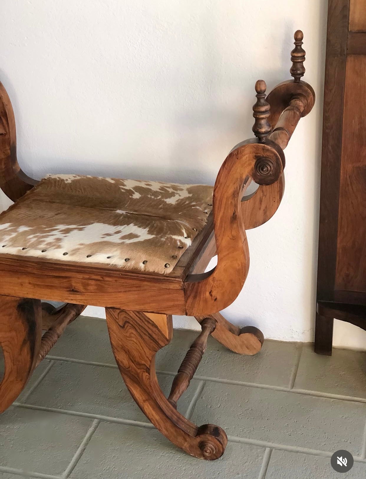 Marquesa / Banco curul em Jacarandá com estofado em couro de vaca malhada 