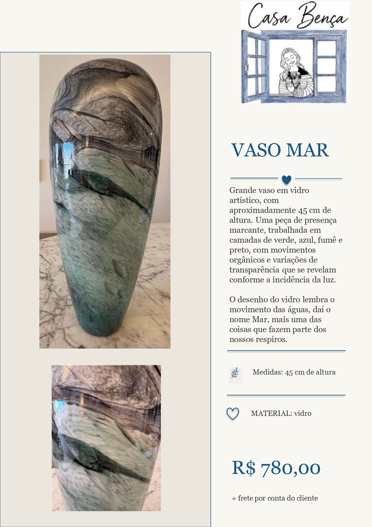Vaso em vidro artístico - Vaso "Mar"