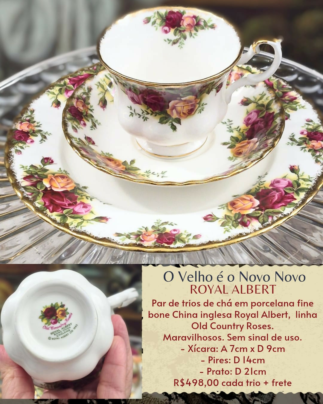 Par de trios de chá em porcelana Fine Bone China inglesa Royal Albert, Old Country Roses.