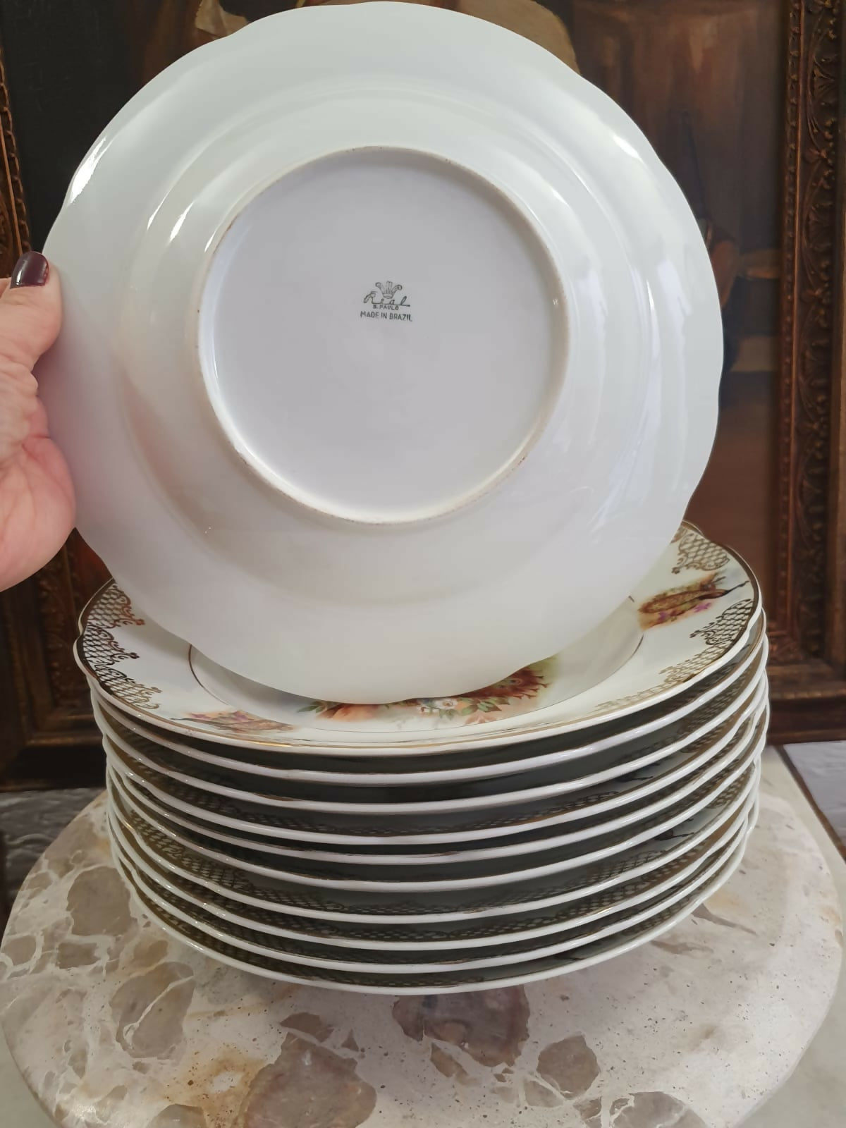 Conjunto em porcelana Real para sopa, 12 peças, anos 40, maravilhoso, Aves do Paraíso. Impecável!