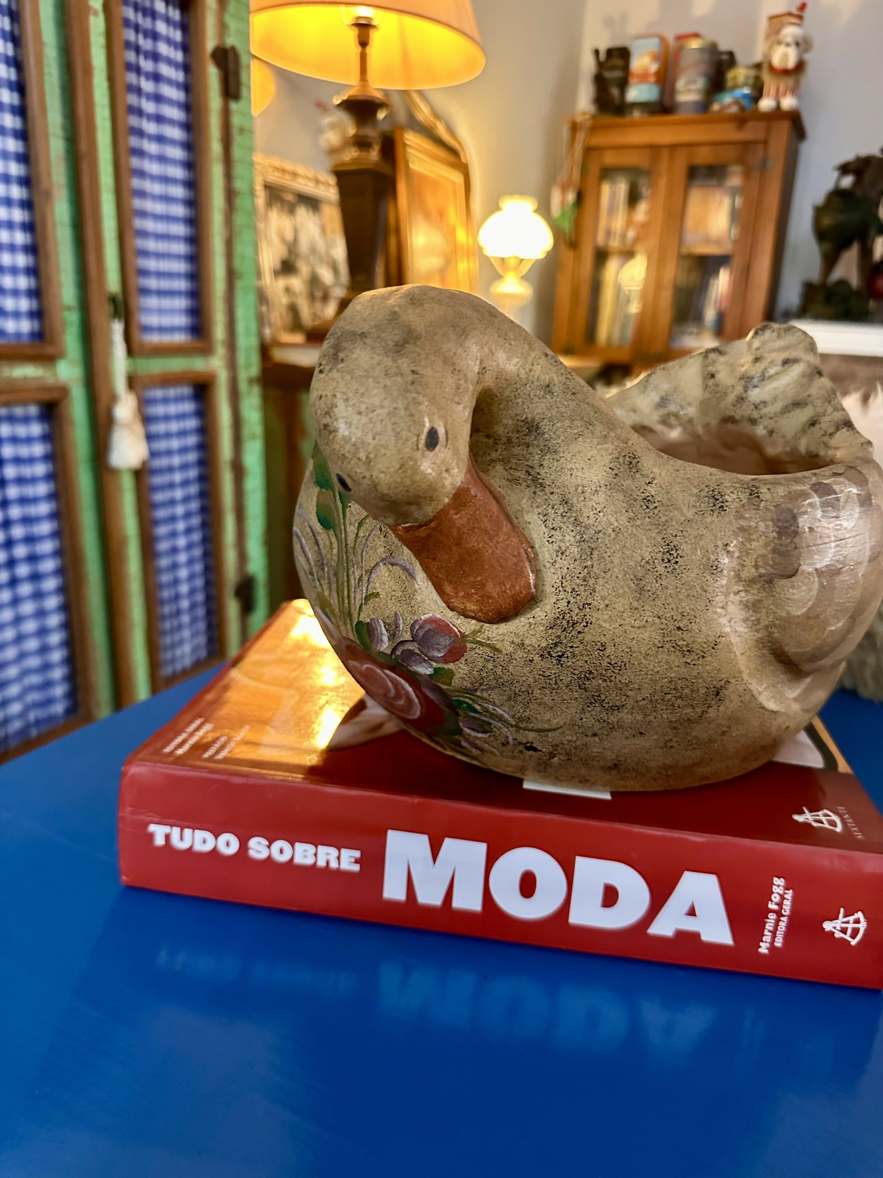 Pato - Maravilhosa e perfeita pata floreira vintage grande em barro com linda pintura alemã Bauernmalerei