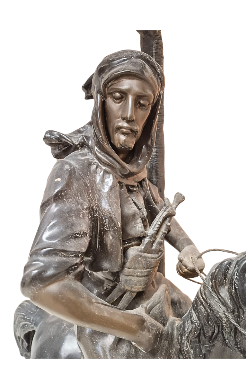 Luminária em Petit Bronze retratando homem no cavalo sob palmeira 
