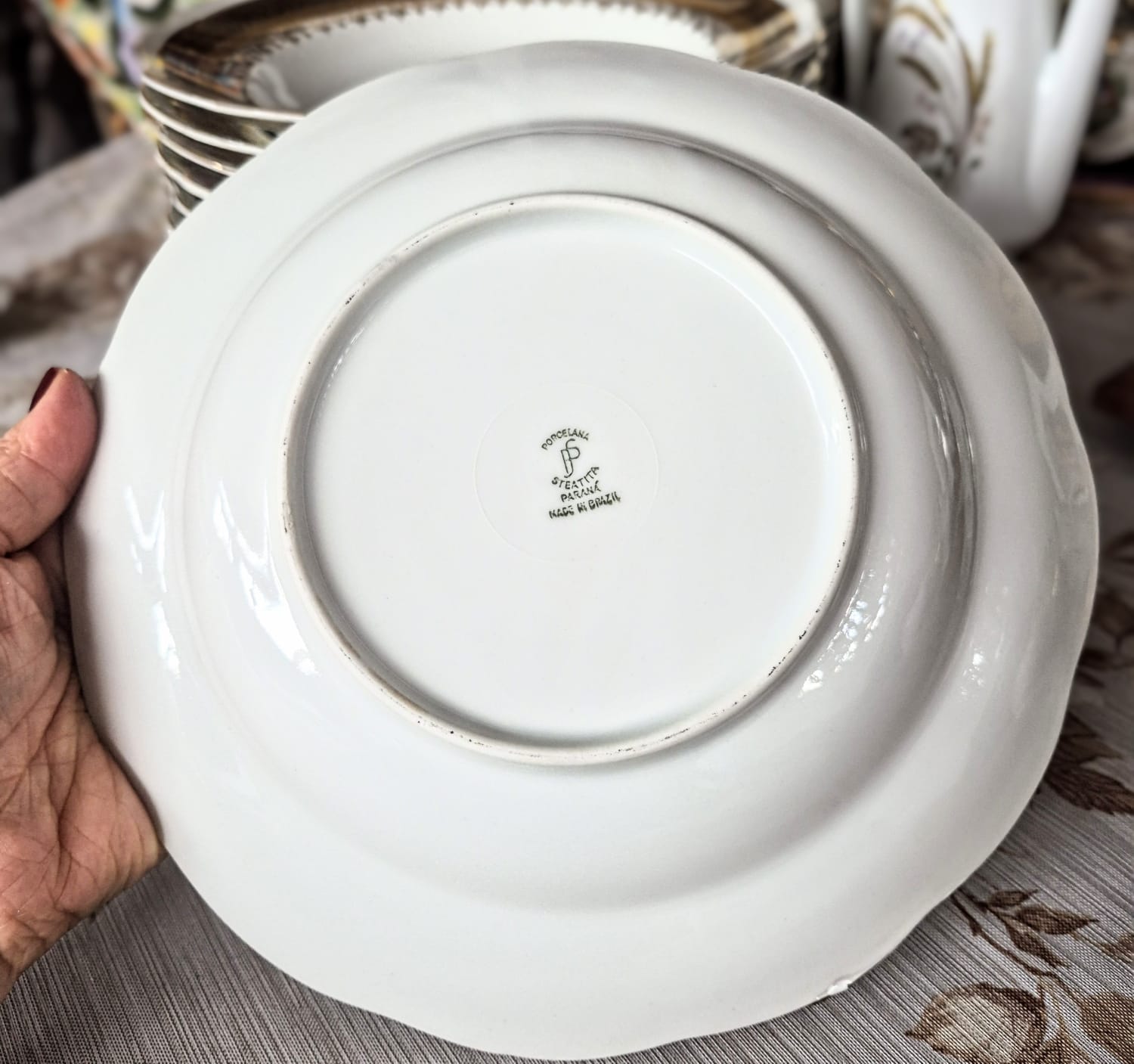 Conjunto de 12 pratos fundos em porcelana maravilhosa nacarada vintage Steatita.  Perfeito estado!