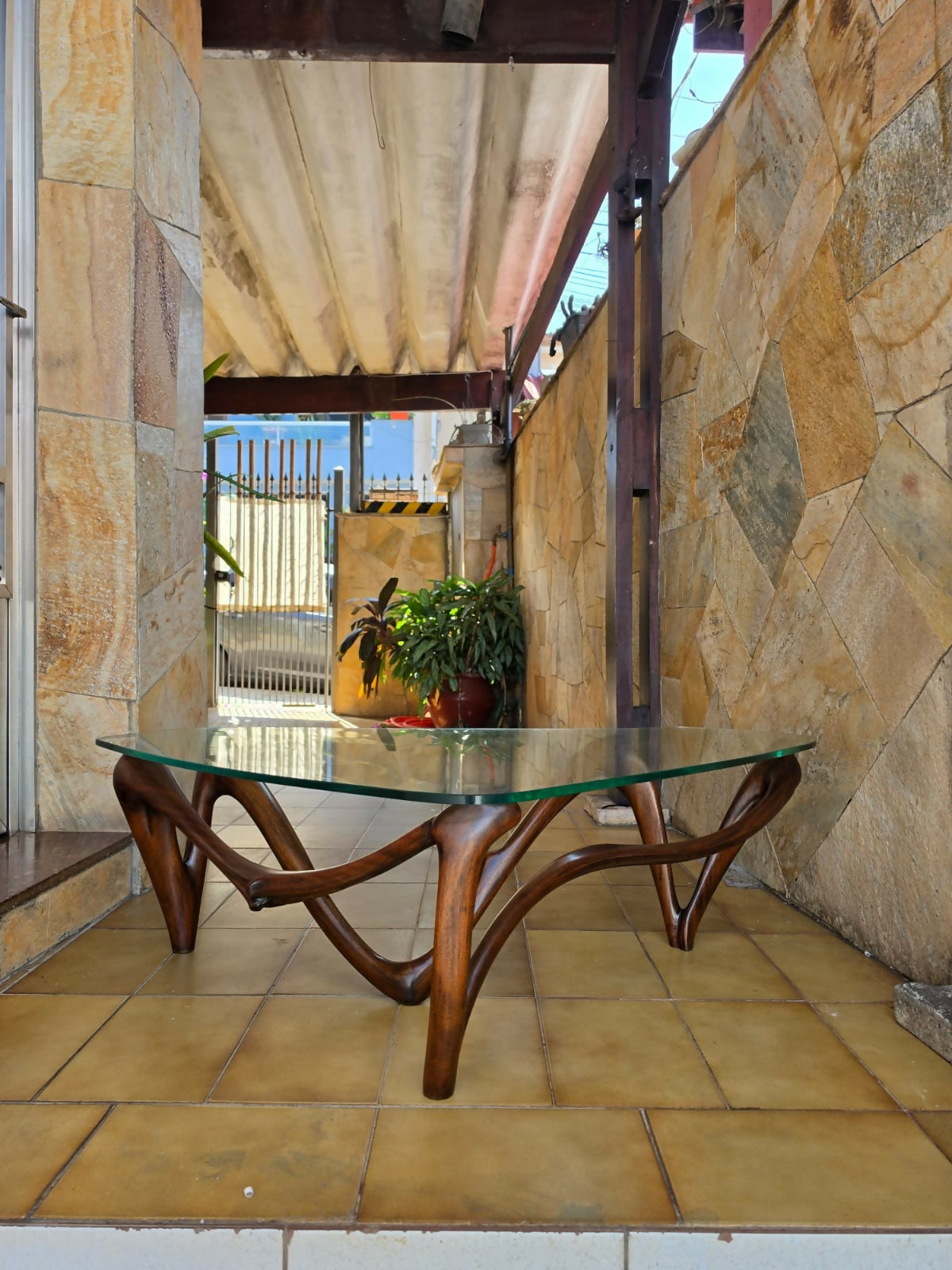 Mesa de centro orgânica anos 50 com base em madeira esculpida e tampo de vidro