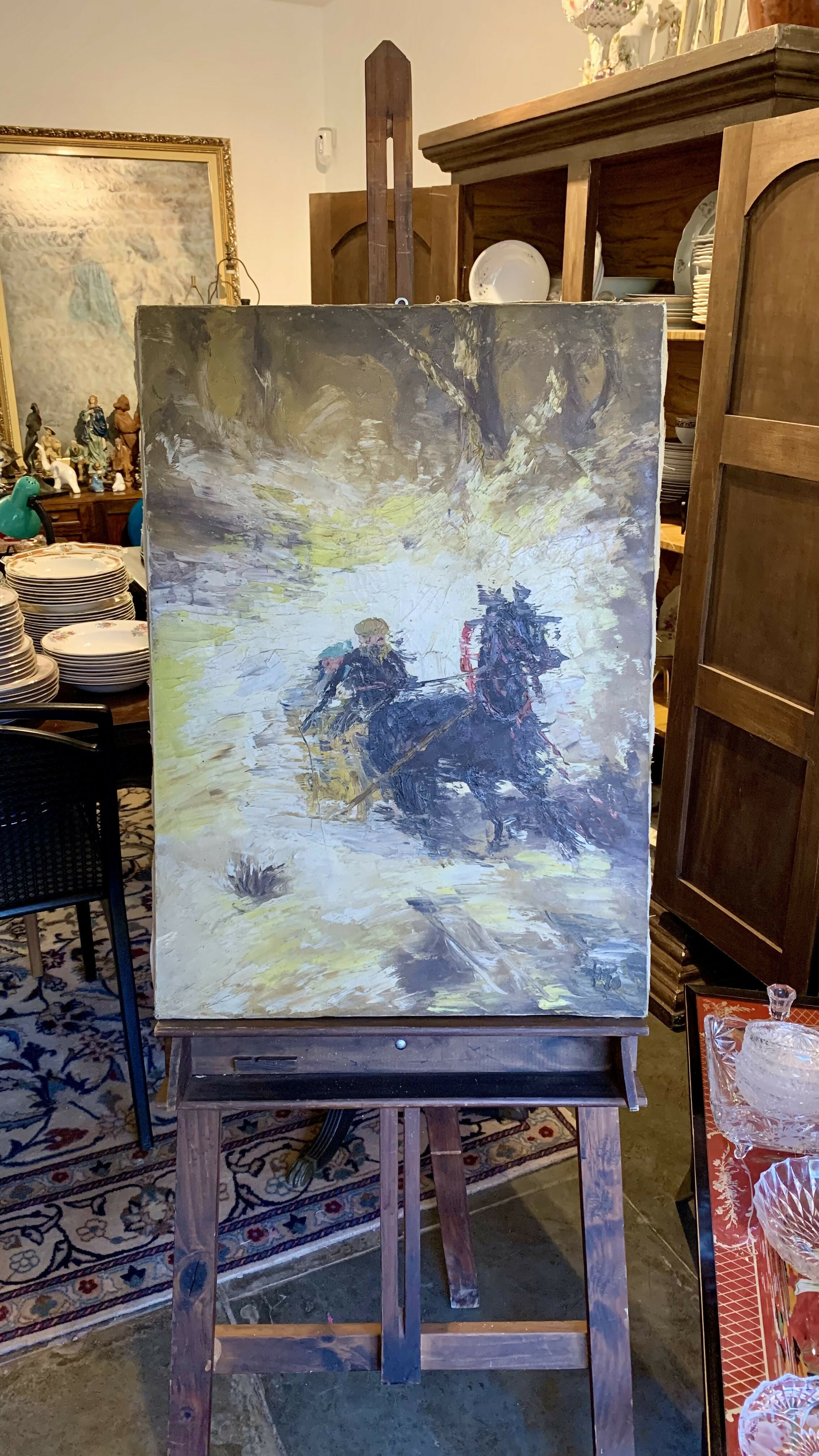Quadro Óleo sobre Tela – Cena Equestre Assinada