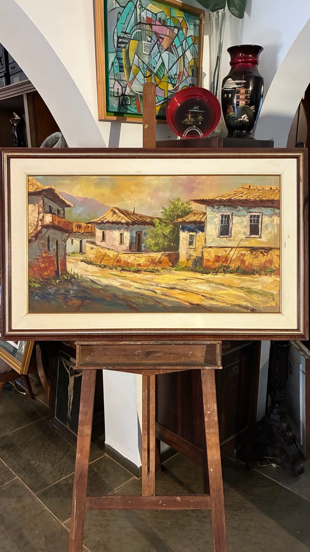 Quadro com Pintura a Óleo - Paisagem Urbana Colonial Brasileira