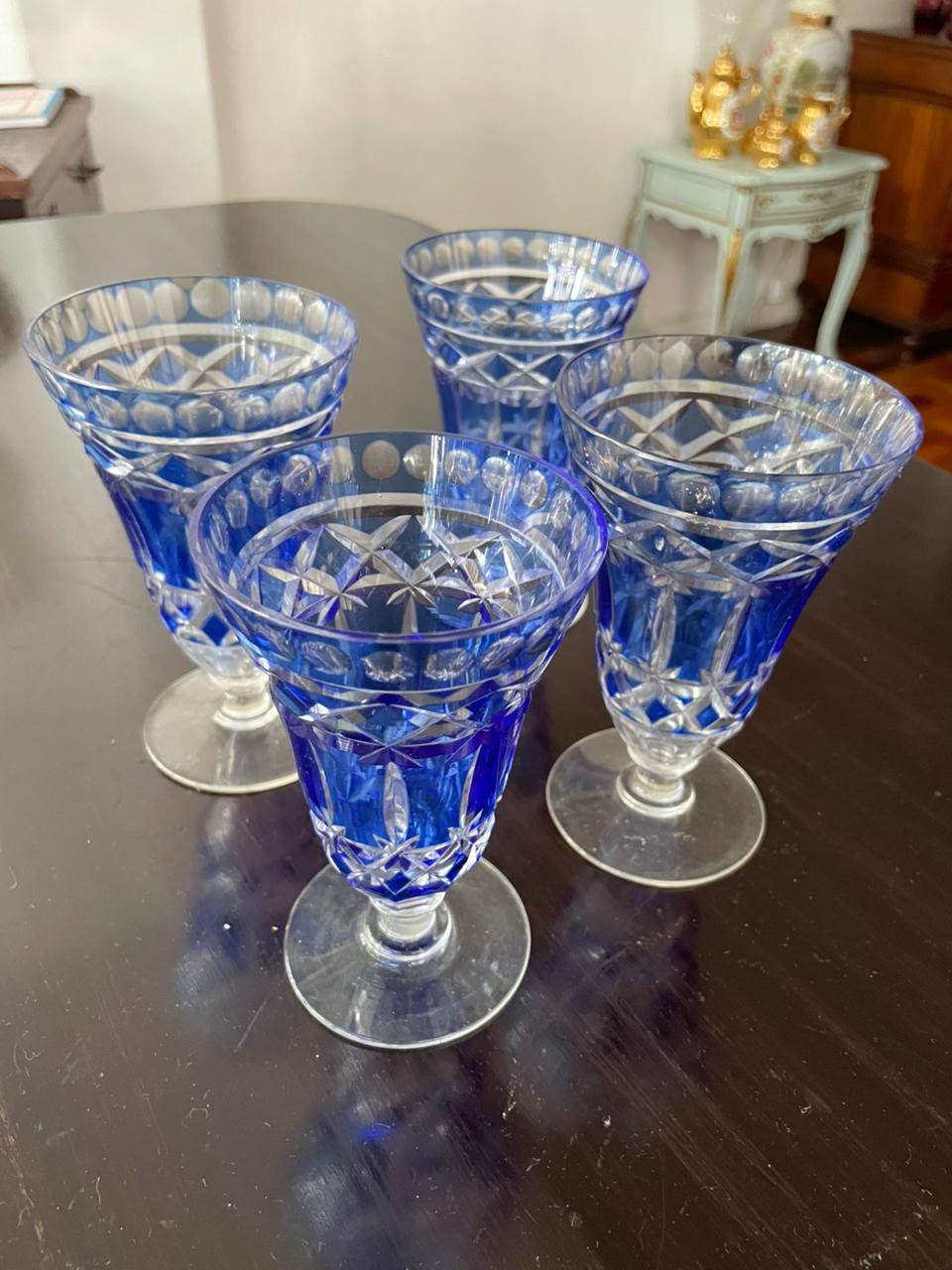 4 Copos em Cristal Double Azul Cobalto Lapidado