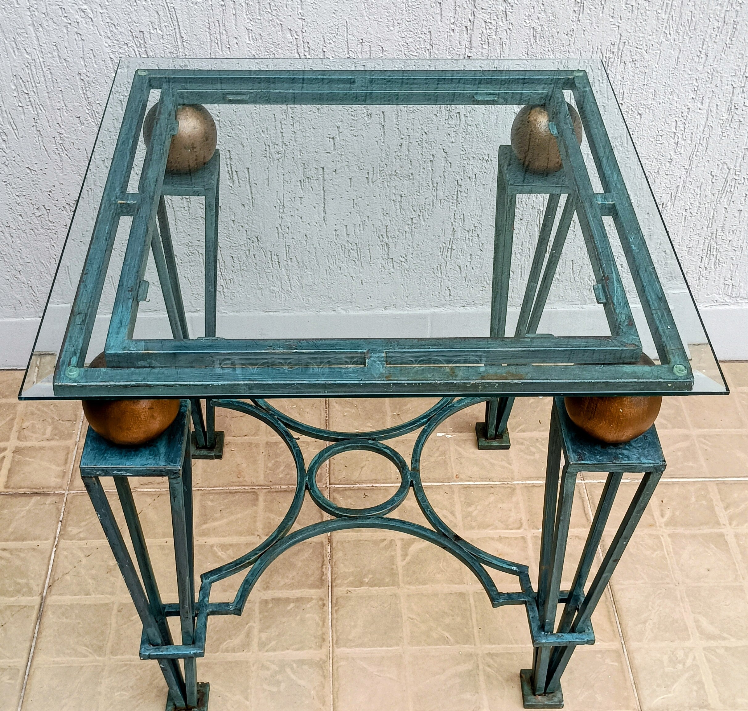 Mesa de Centro Quadrada Art Déco Revivalista em Ferro Maciço com Tampo de Cristal Bisotado