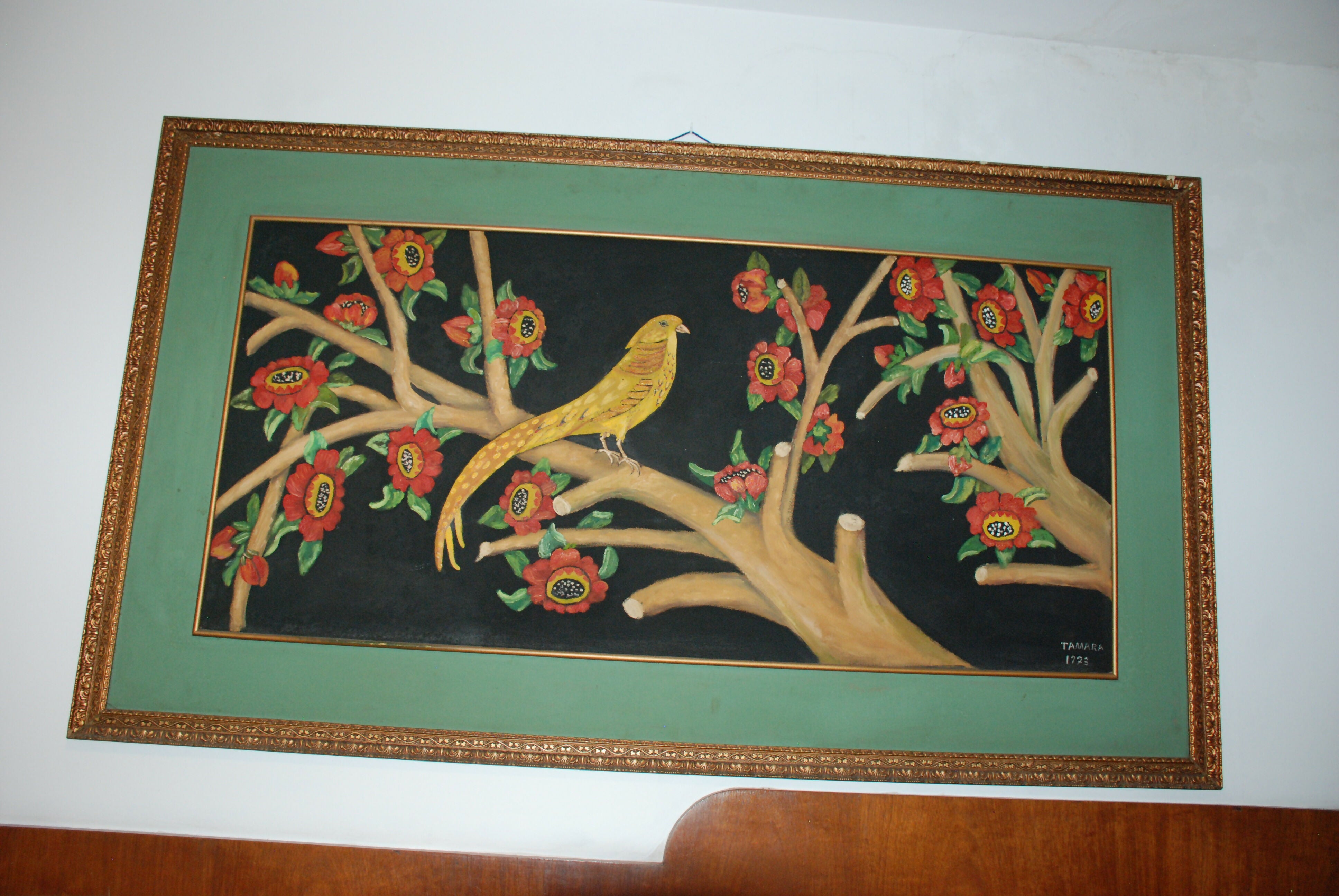 oleo sobre duratex ( 0sd ) ano 73 - moldura 1,90 x 1,10 - quadro 1,50 x 0,70 - Pássaro na árvore