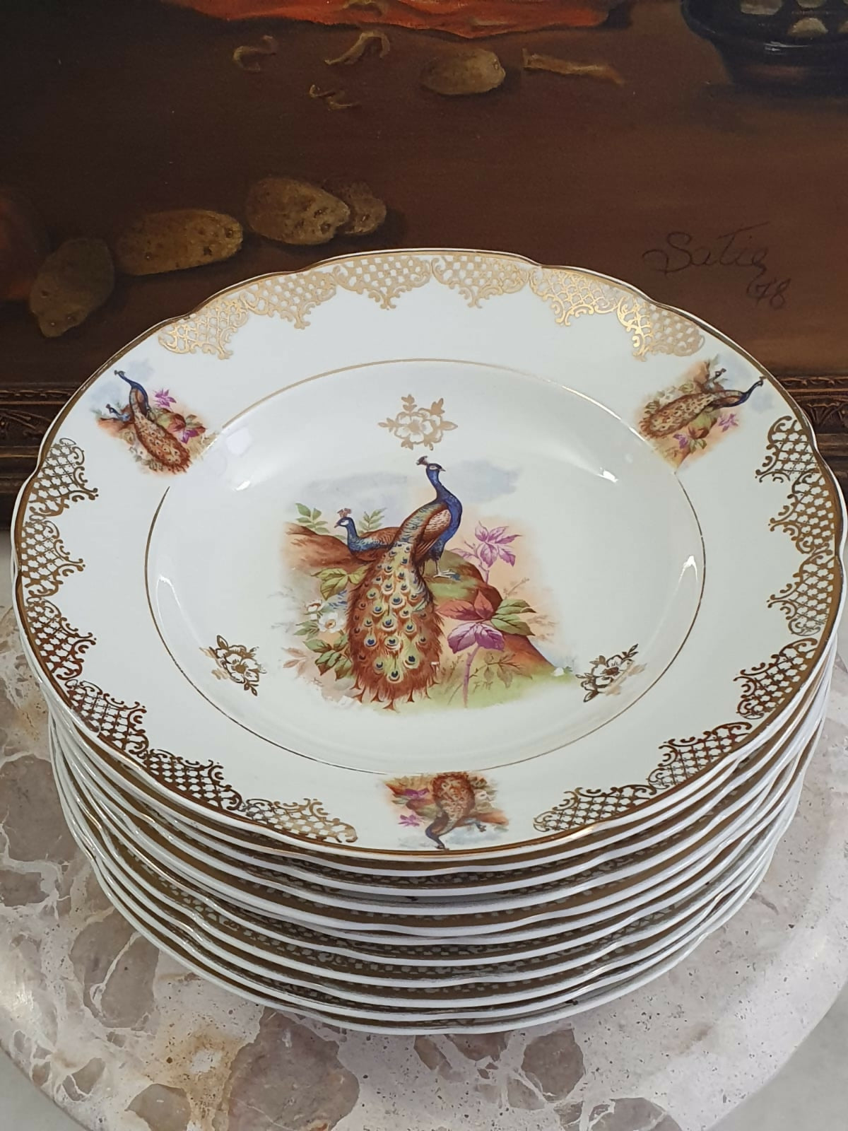 Conjunto em porcelana Real para sopa, 12 peças, anos 40, maravilhoso, Aves do Paraíso. Impecável!
