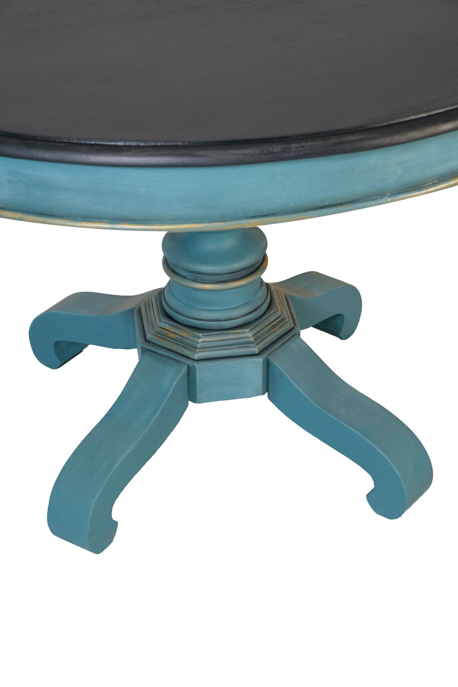Mesa de Jantar Redonda restaurada Azul e Preta - Madeira Maciça