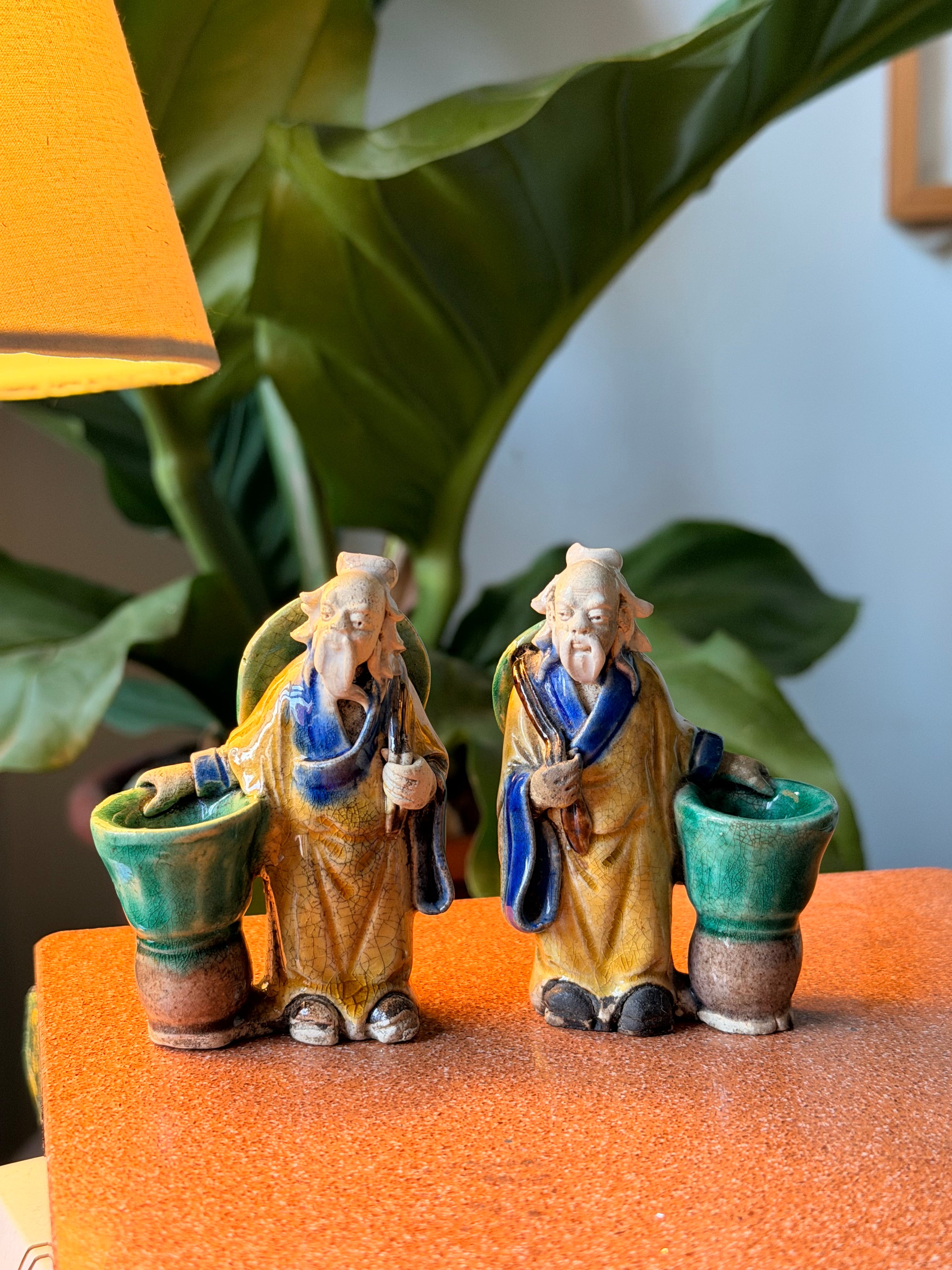 Par Estatuetas Pescador Mudman Chinês Vintage Cerâmica