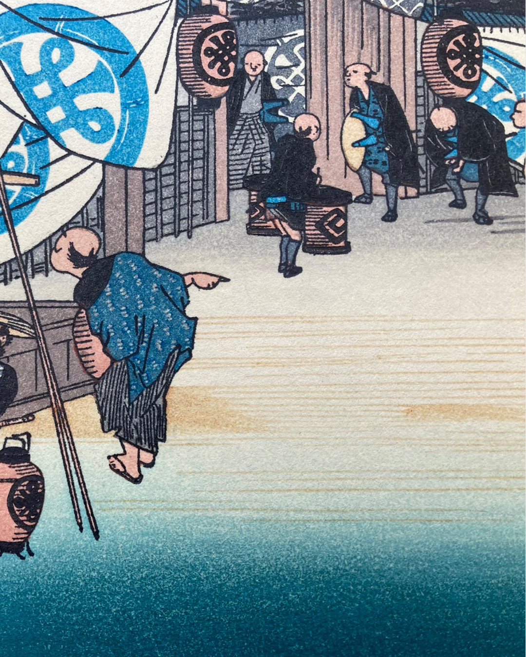 Xilogravura japonesa (Ukiyo-e) de Utagawa Hiroshige  "Seki: partida cedo de uma hospedaria" - Autêntica