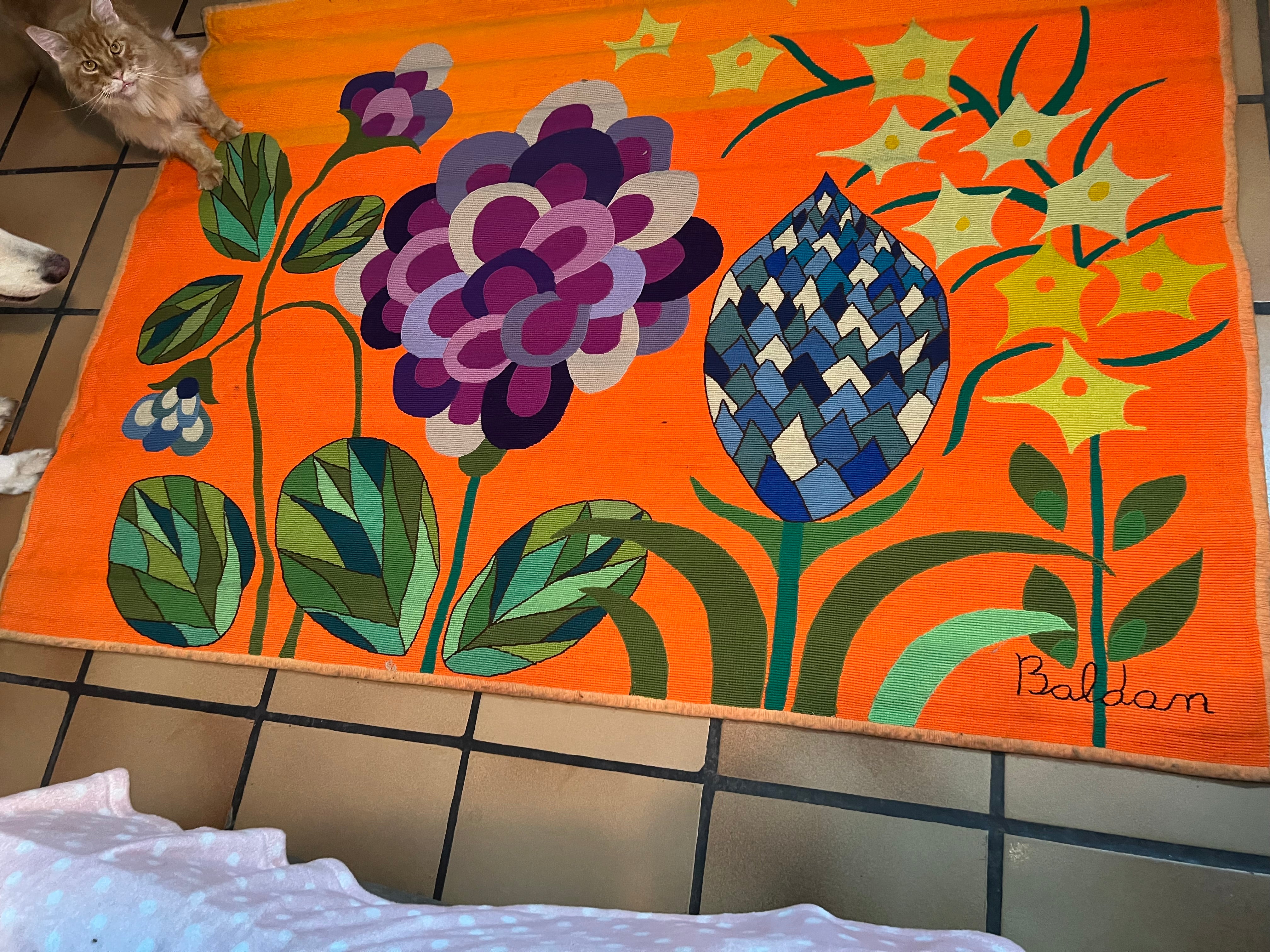  Tapeçaria Vintage Assinada Baldan – Anos 70 – Floral Laranja Grande