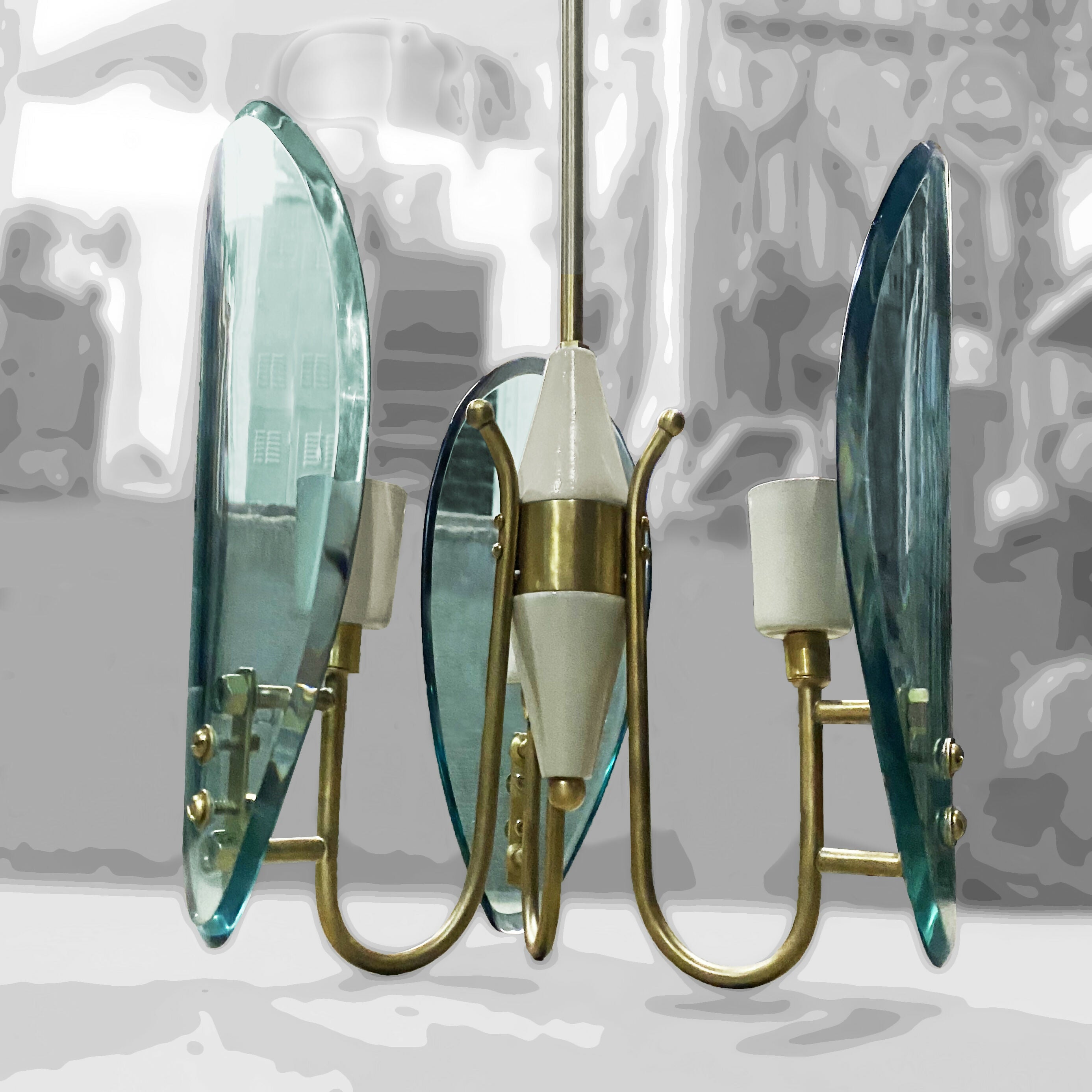 Luminária lustre antigo e restaurado - Mid Century em metal e vidro