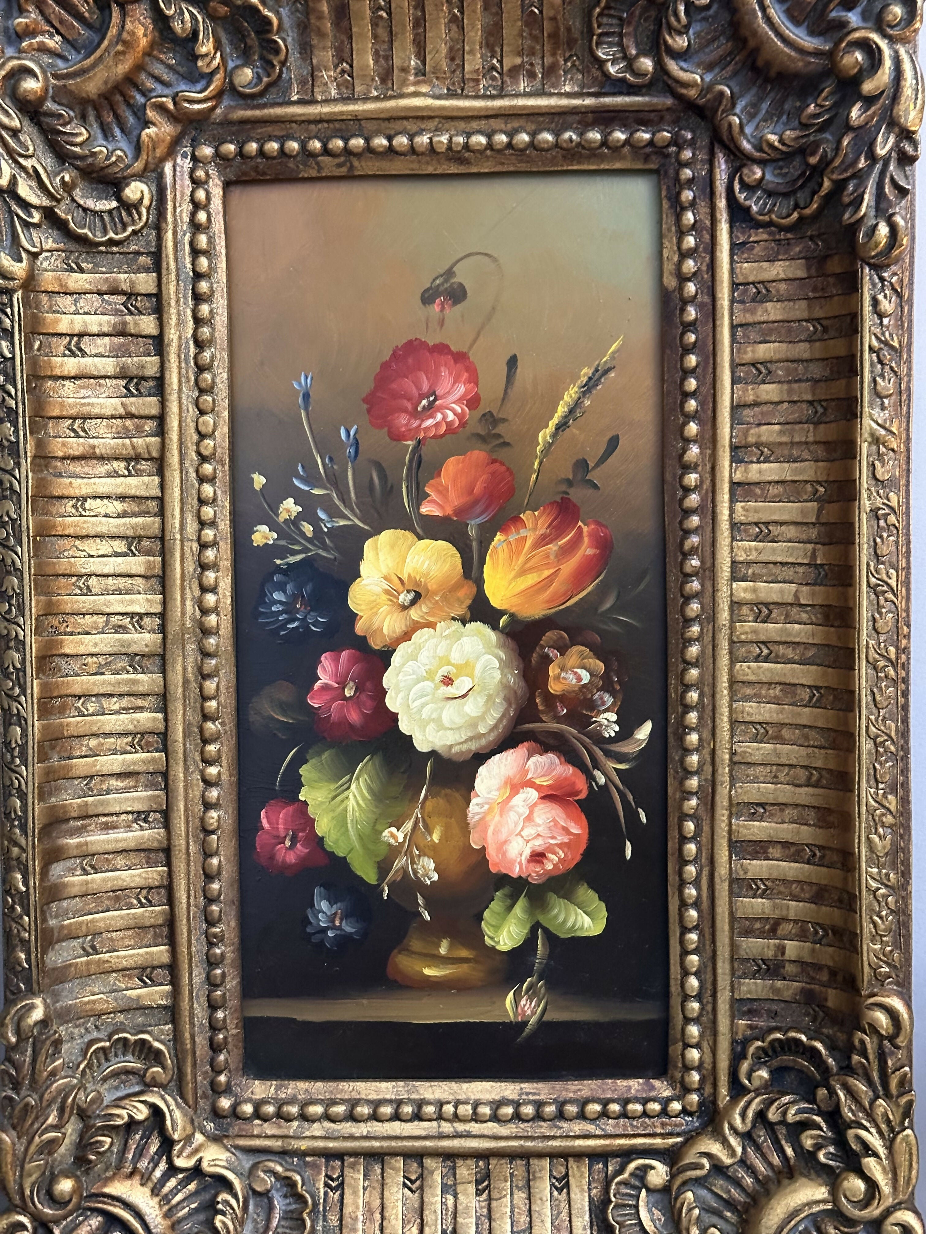 Exuberante quadro antigo ao estilo barroco clássico com pintura “natureza morta” em óleo sobre madeira