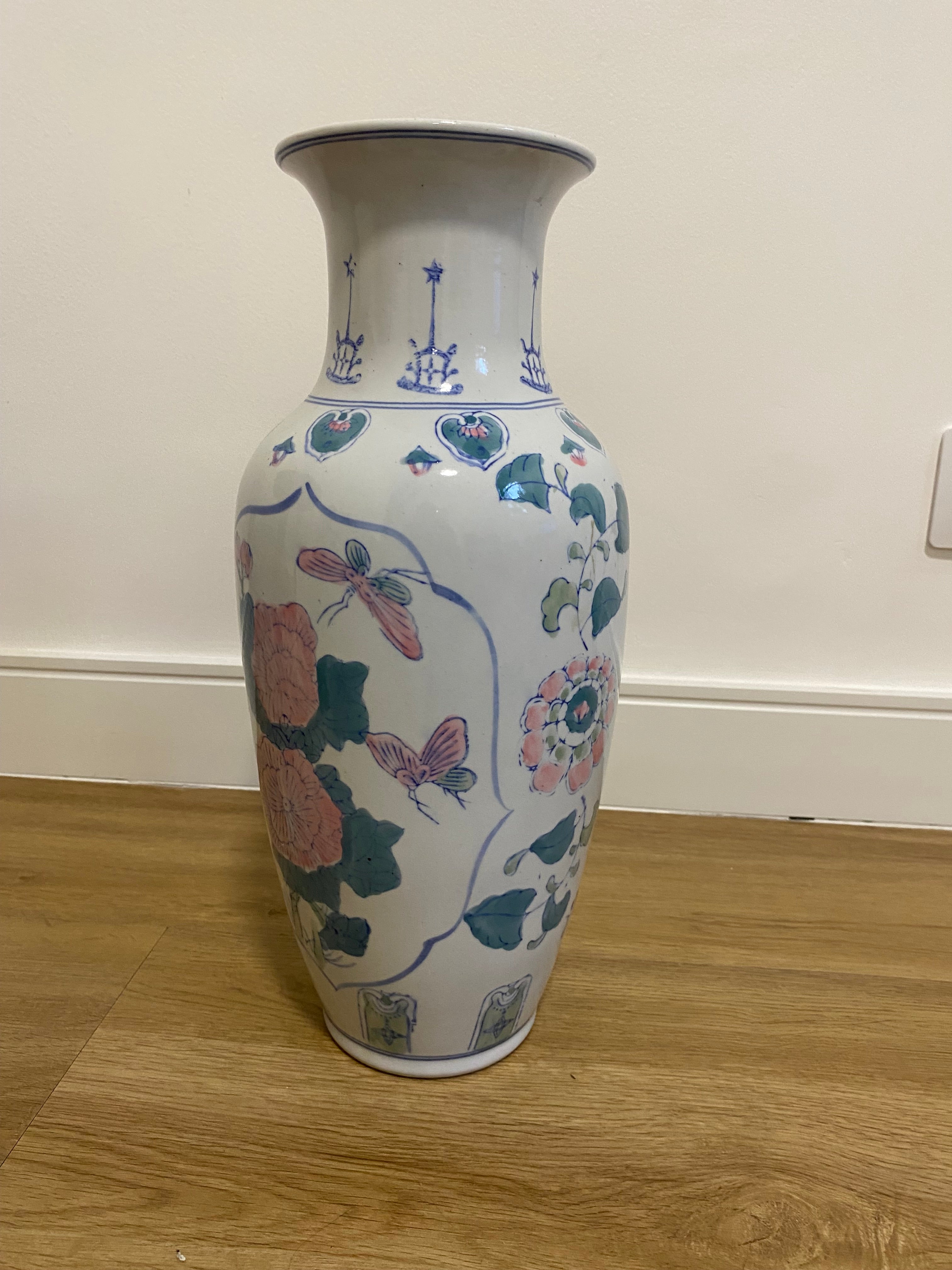 Vaso Cerâmica Chinesa com pintura floral feita à mão 
