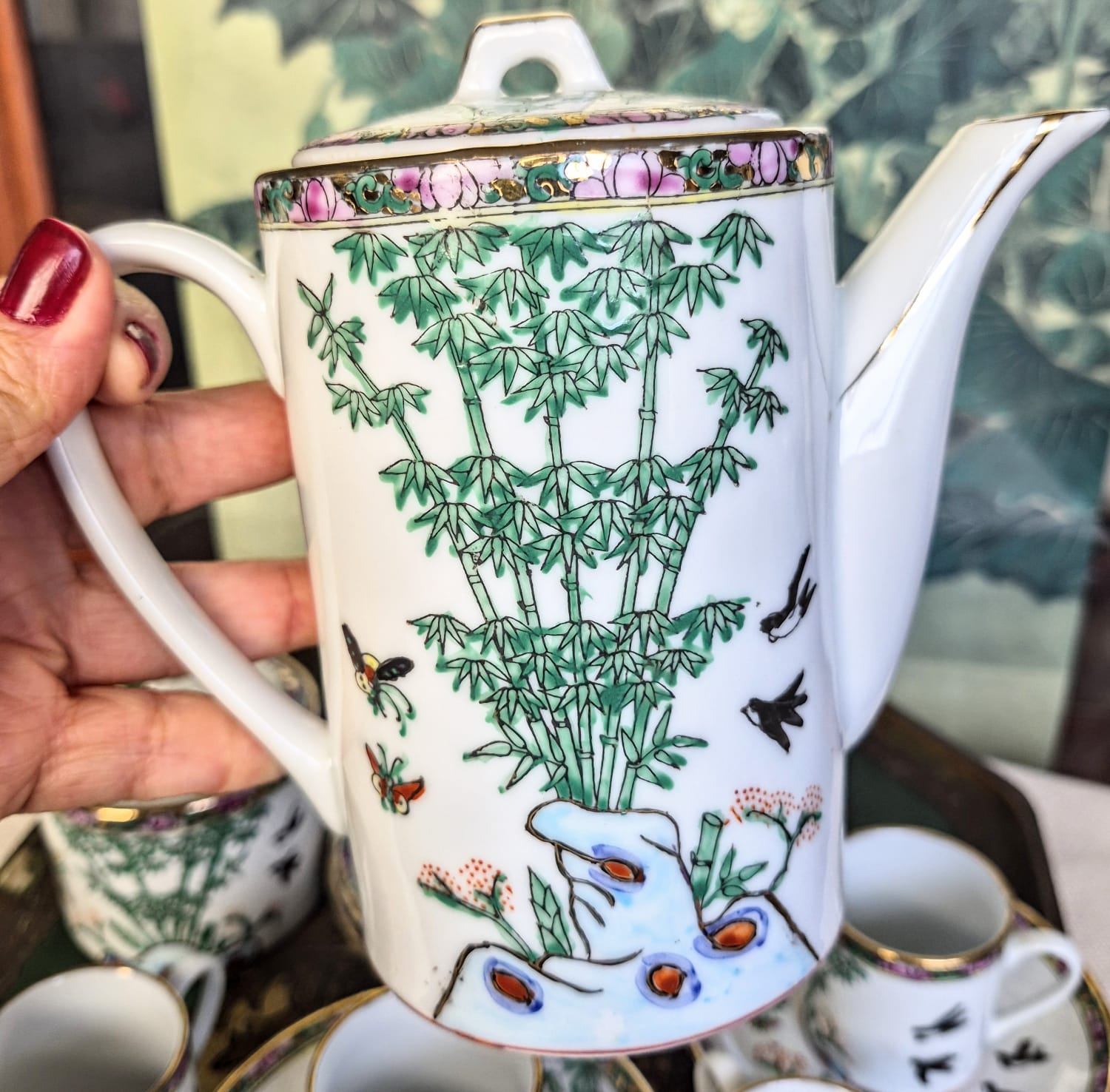 Conjunto para café em porcelana vintage chinesa Guancai, anos 60. Perfeito estado!