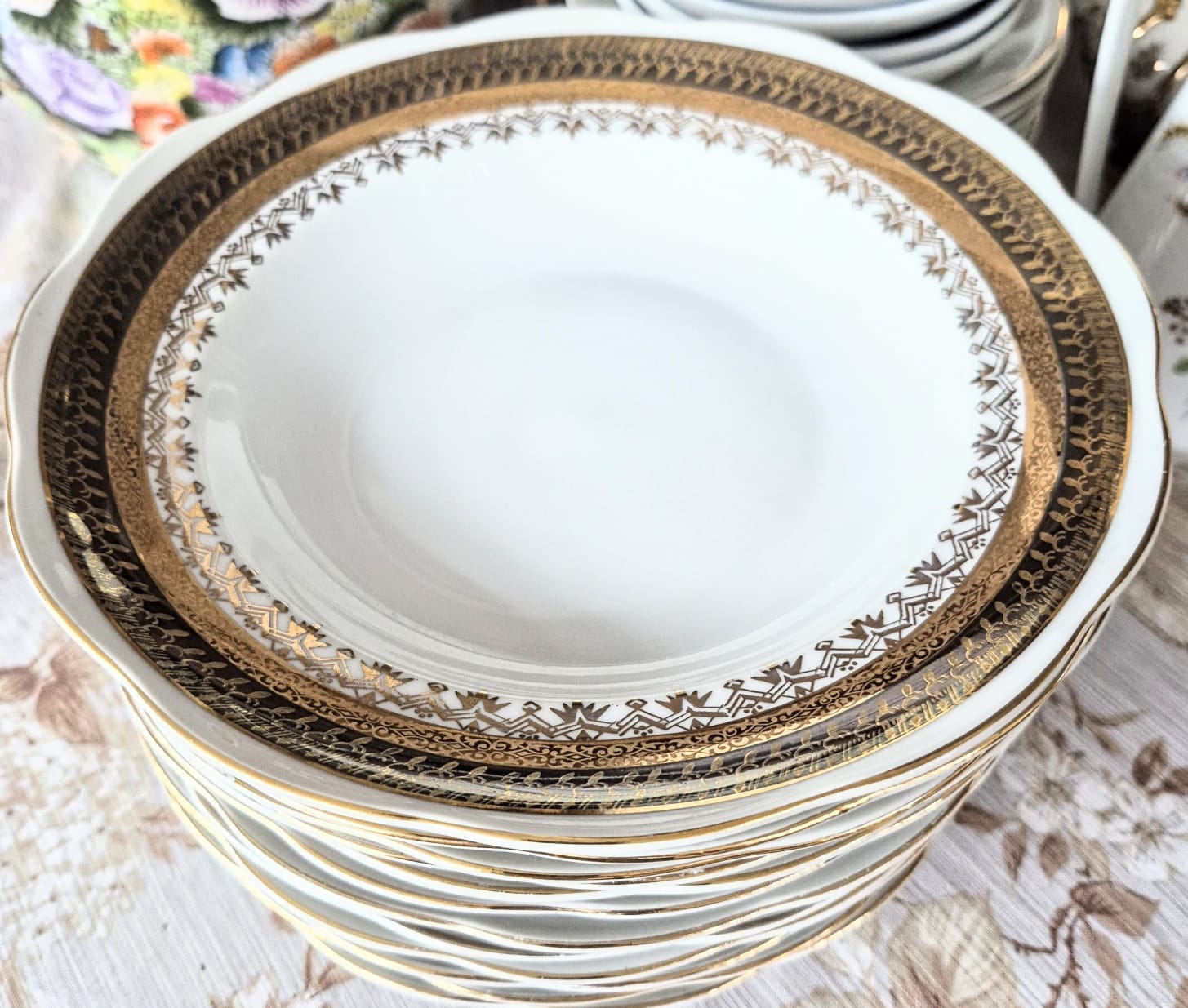 Conjunto de 12 pratos fundos em porcelana maravilhosa nacarada vintage Steatita.  Perfeito estado!
