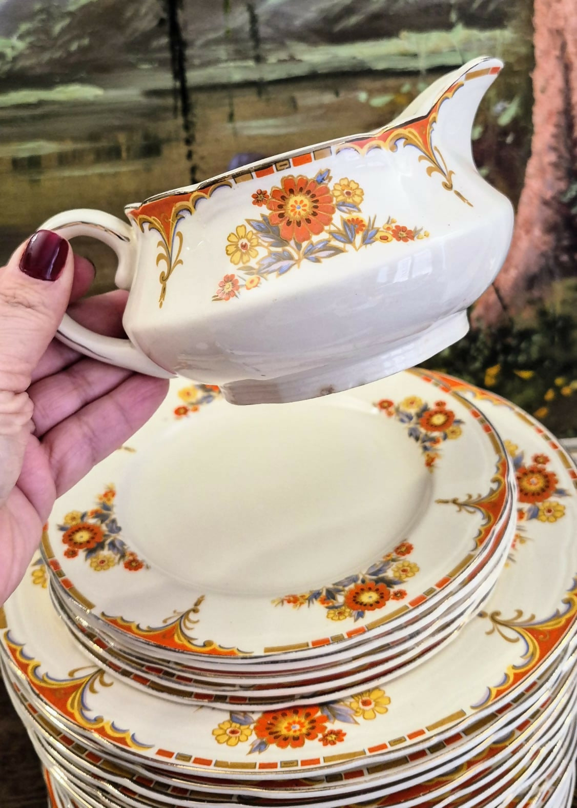 Conjunto escândalo de maravilhoso em faiança, quase centenária, inglesa Alfred Meakin, linha Royal Marigold