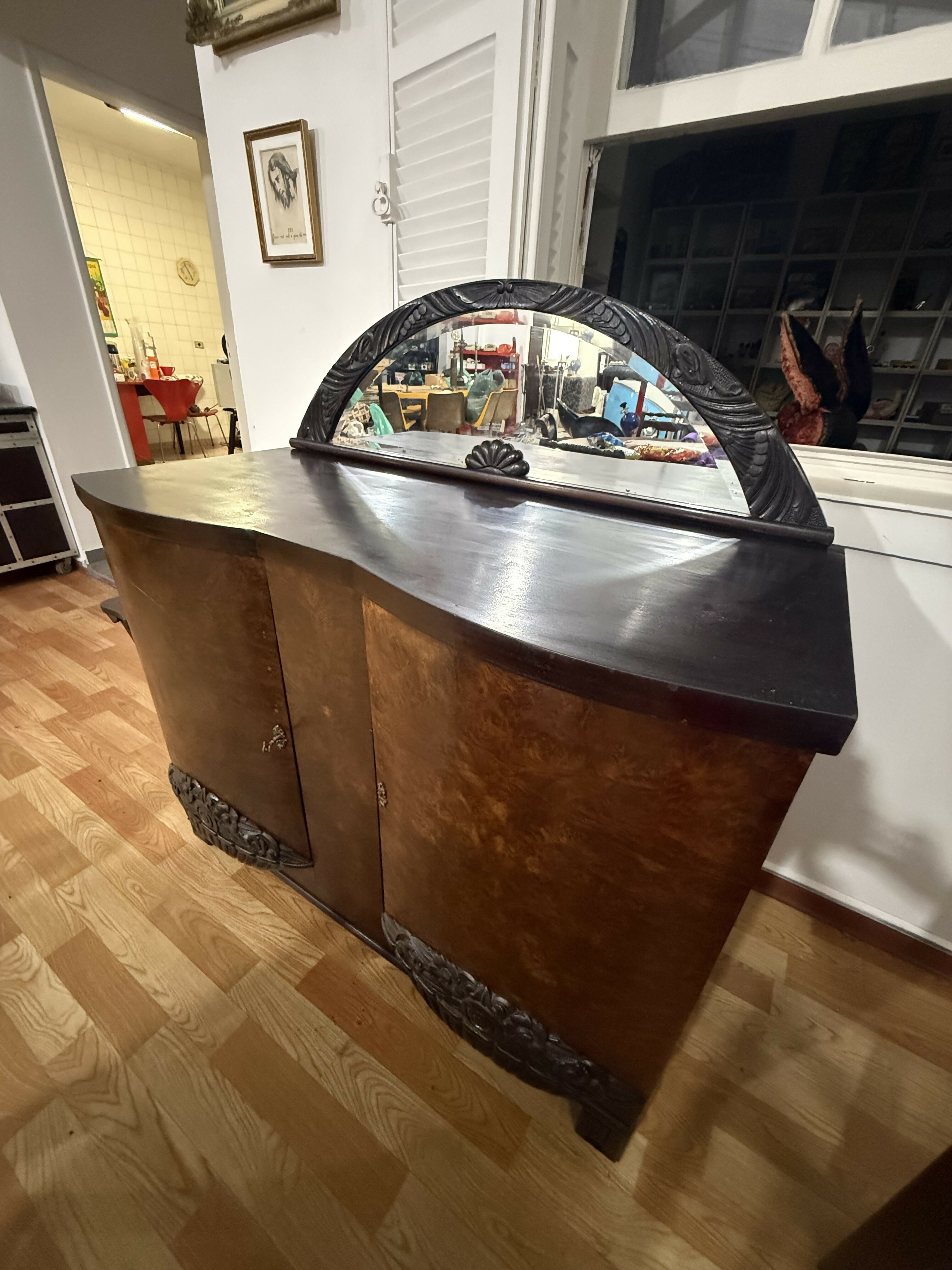 Buffet Art Déco Antigo em Madeira Maciça de Imbuia com Espelho Original