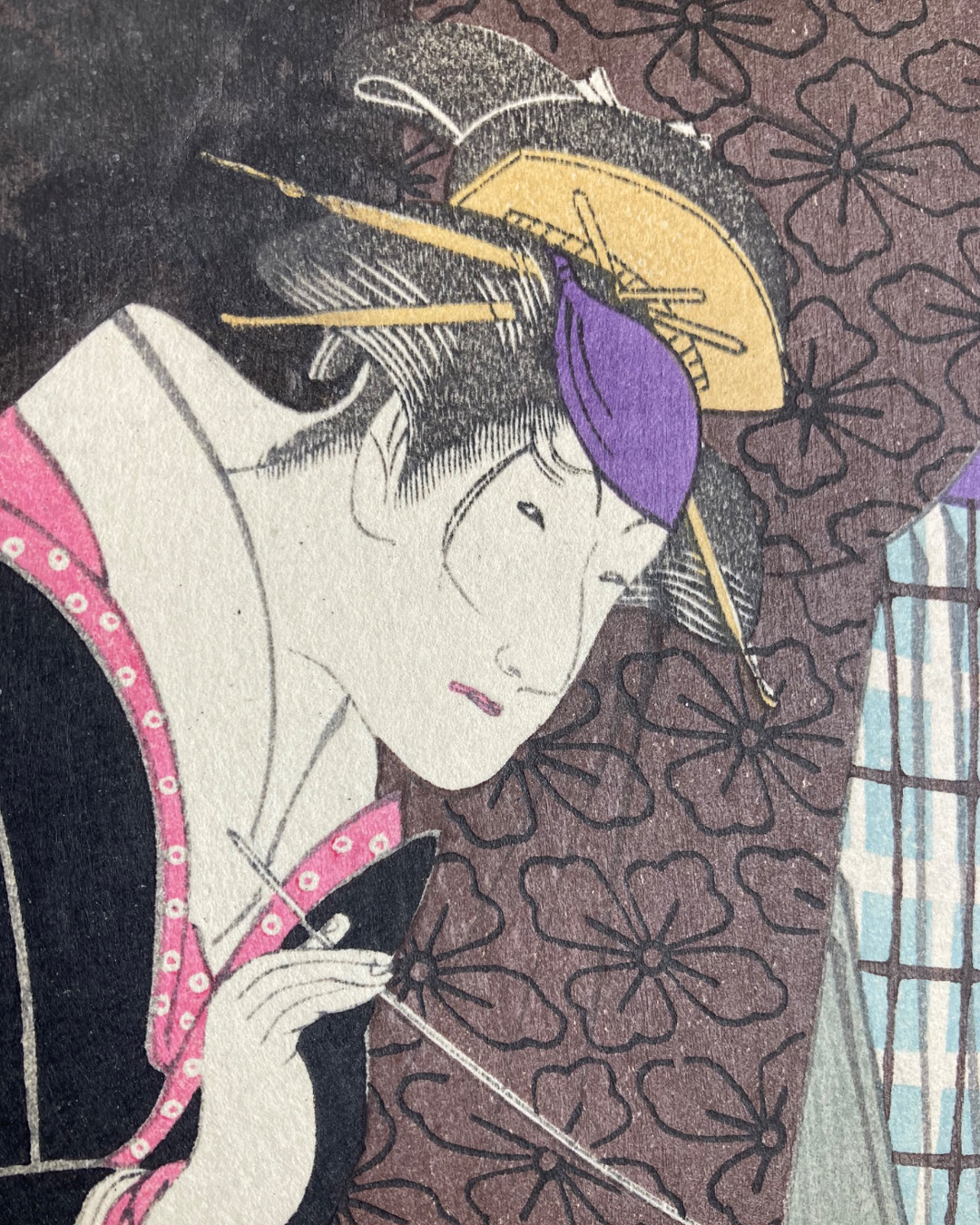 Xilogravura japonesa (Ukiyo-e) de Sharaku cena da peça do teatro Kabuki  peça "Yomo-no Nishiki Kokyo-no Tabiji" - Autêntica e Rara