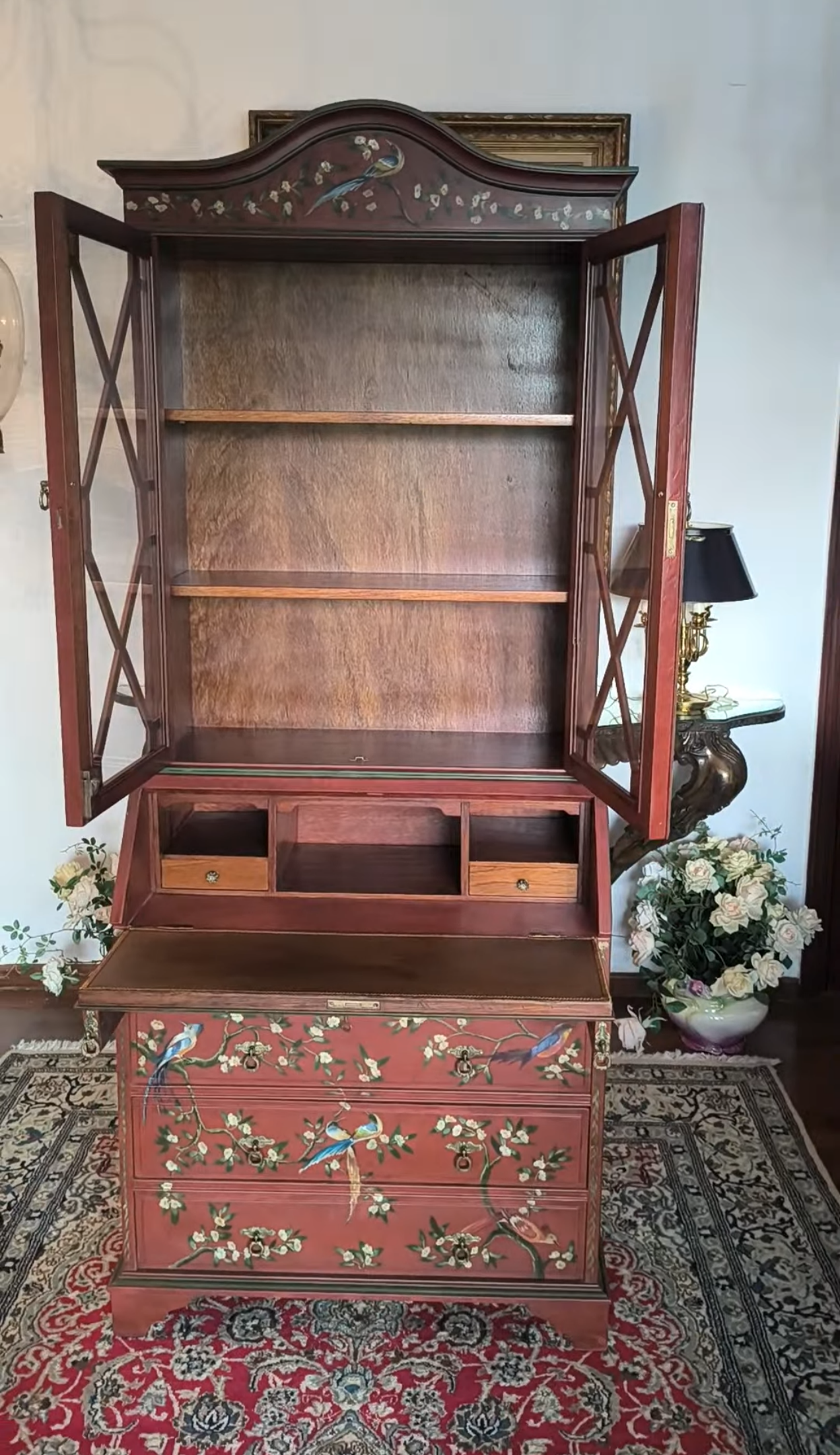 Estante Papeleira secretaria ( estilo Chinoiserie) vermelha com flores e pássaros 