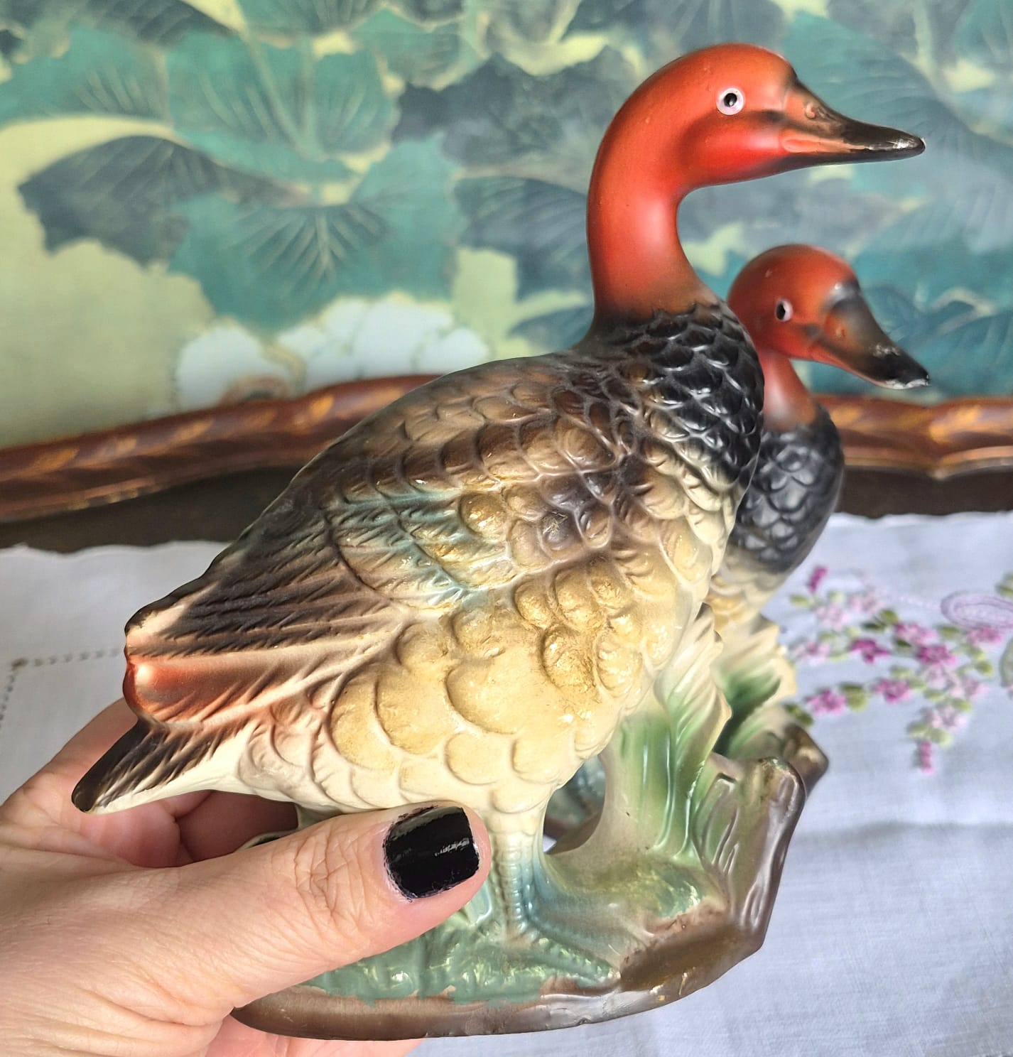Par de Patos Mandarim em biscuit japonês Norleans. Vintage, lindos