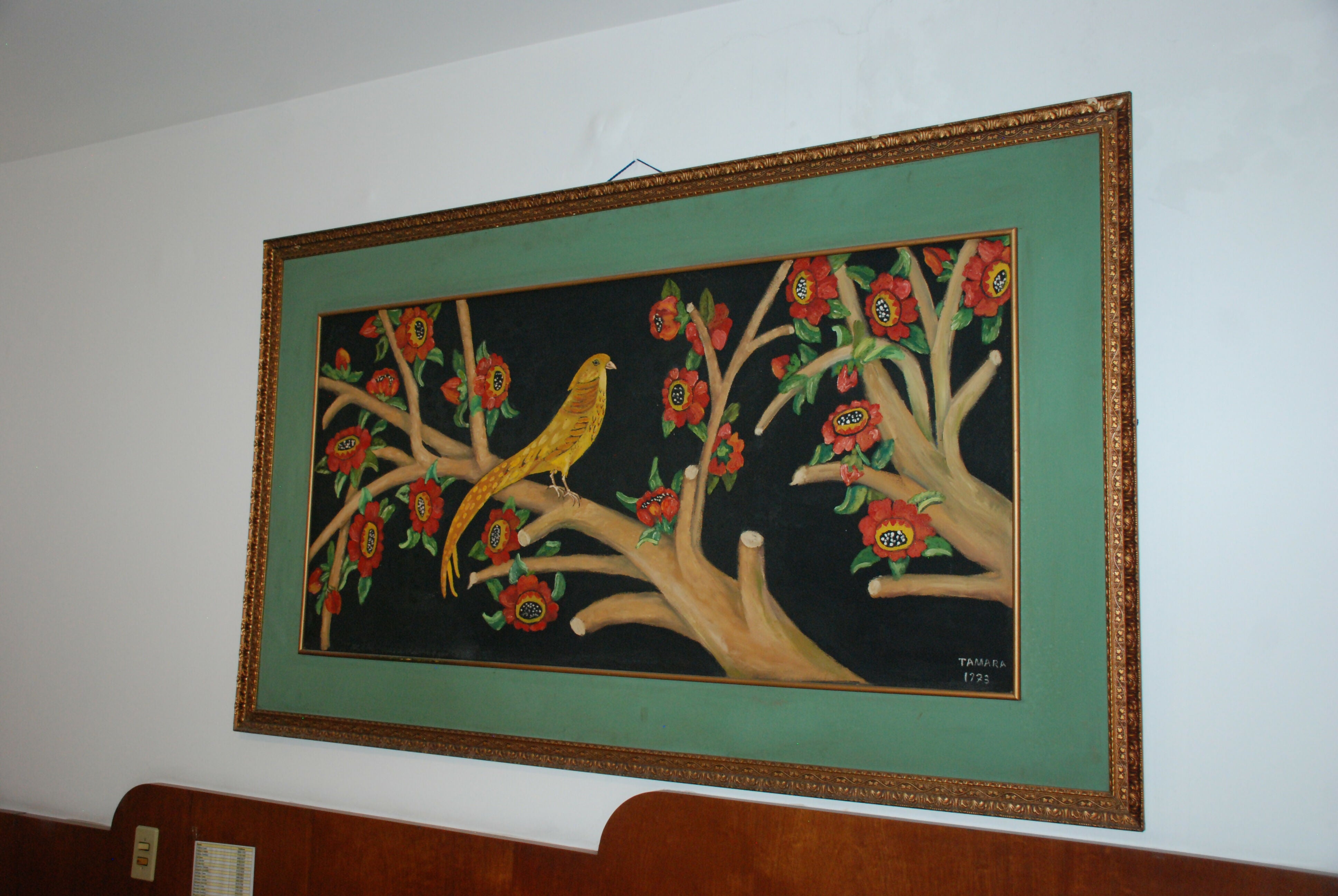 oleo sobre duratex ( 0sd ) ano 73 - moldura 1,90 x 1,10 - quadro 1,50 x 0,70 - Pássaro na árvore