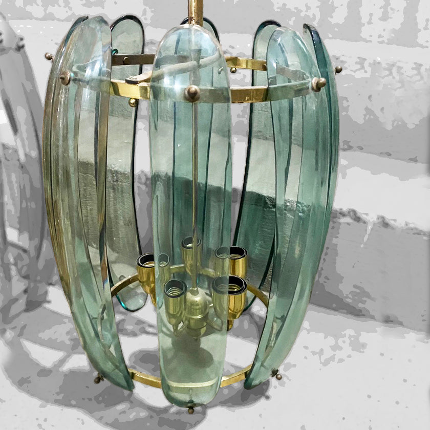 Par de Lustres Mid Century cilíndricos em vidro lapidado verde e laranja 