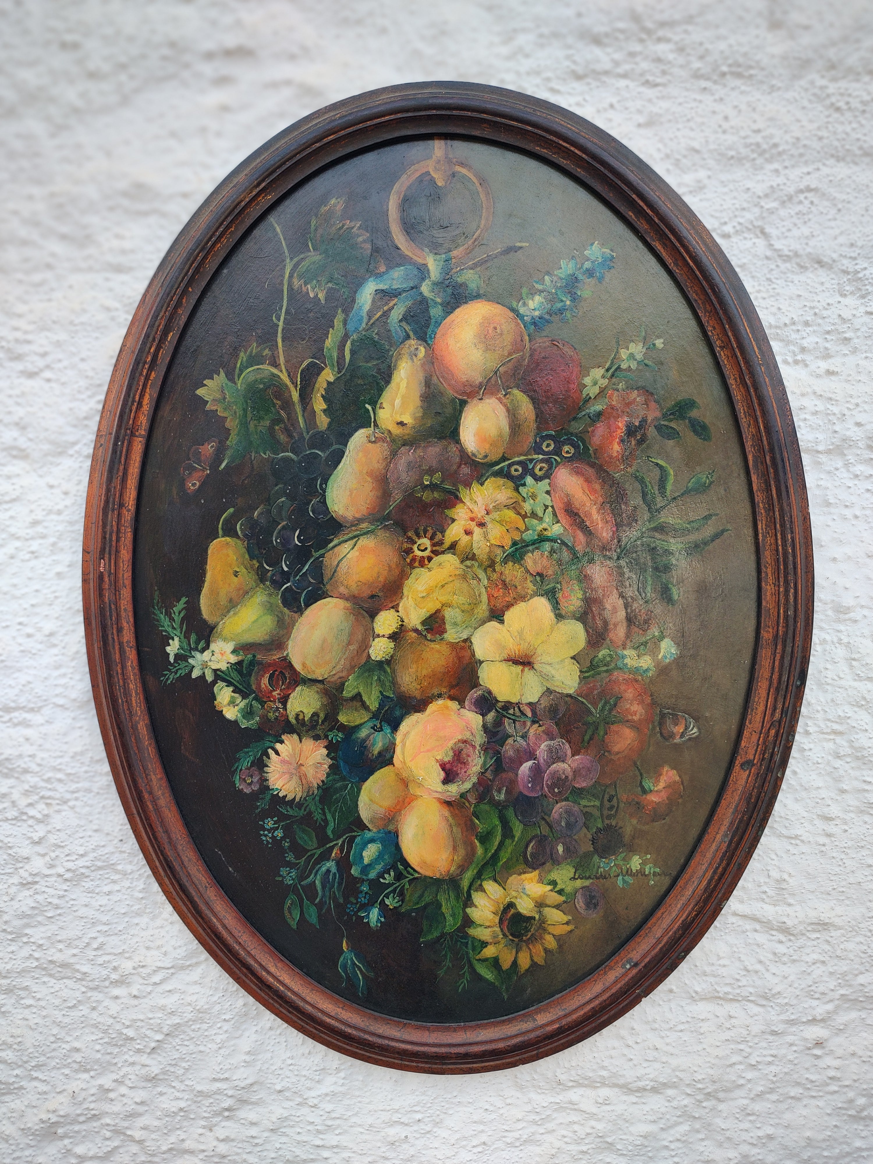 Maravilhoso Quadro oval com pintura à óleo de Flores e Frutas (76cm x 56cm)