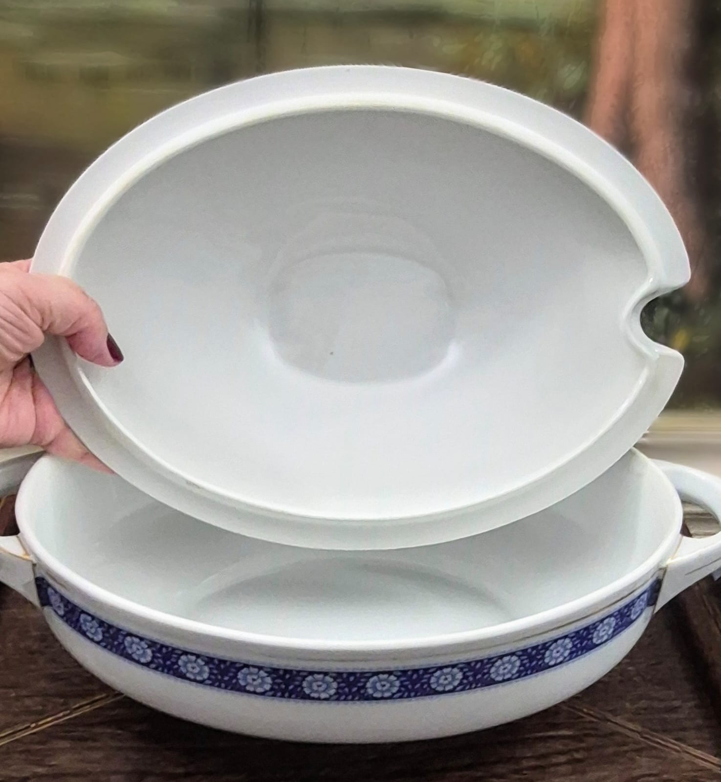  Sopeira oval vintage com detalhes em azul, anos 70, em porcelana alemã MS - Melitta Friesland