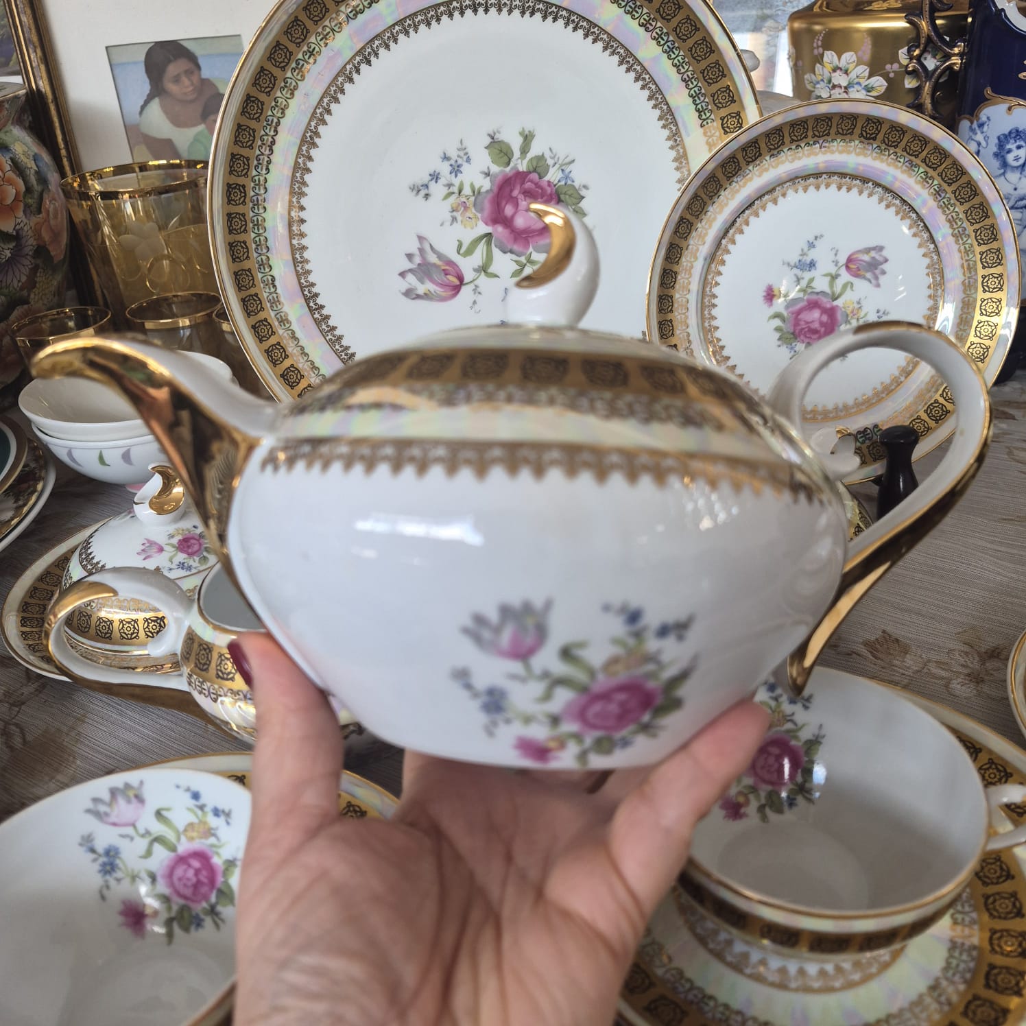 Conjunto de chá em porcelana nacional Schmidt,  anos 40, Rio do Testo. 22 peças impecáveis!