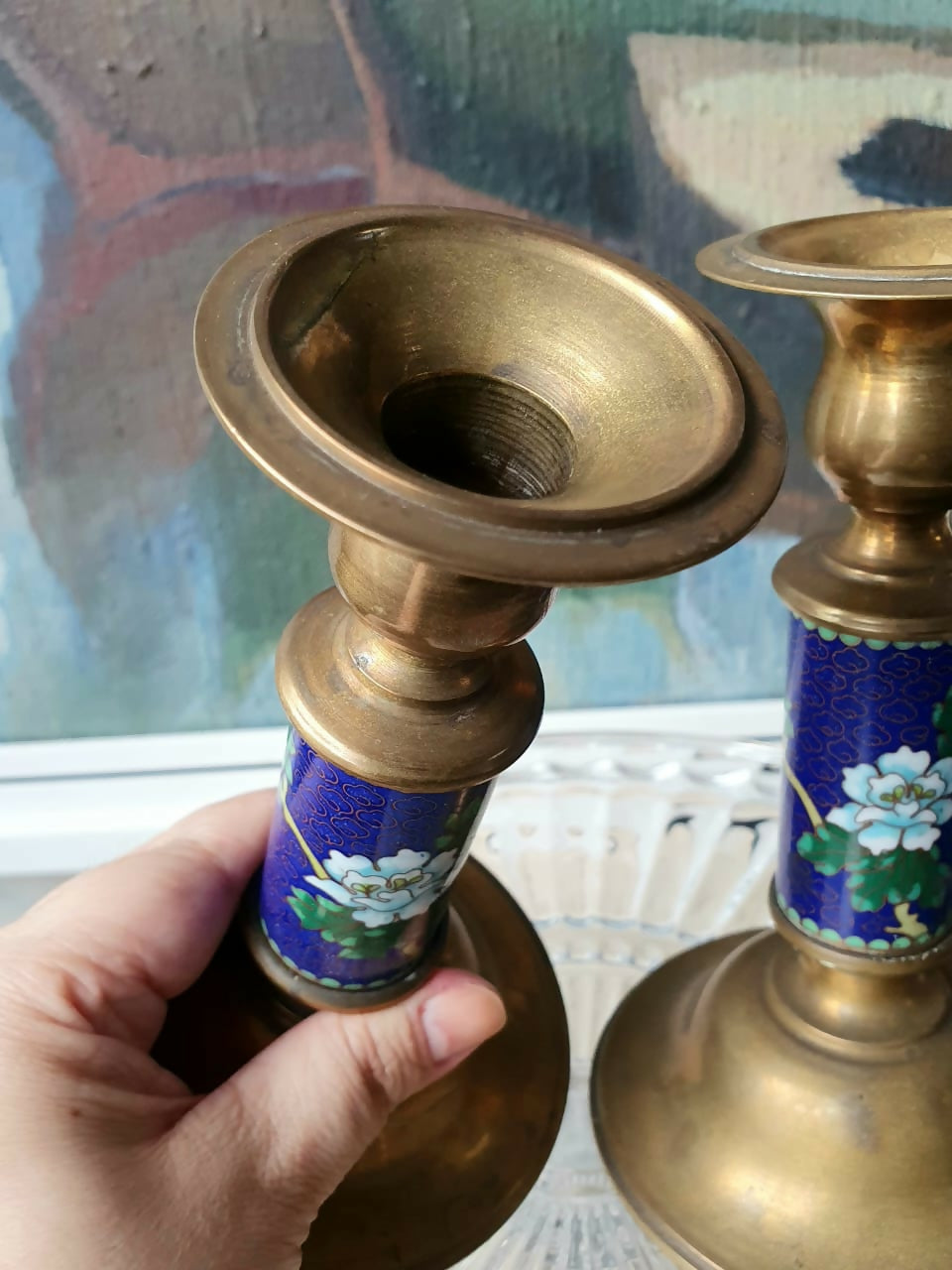 Par de castiçais em bronze com cloisonné. Perfeito estado!