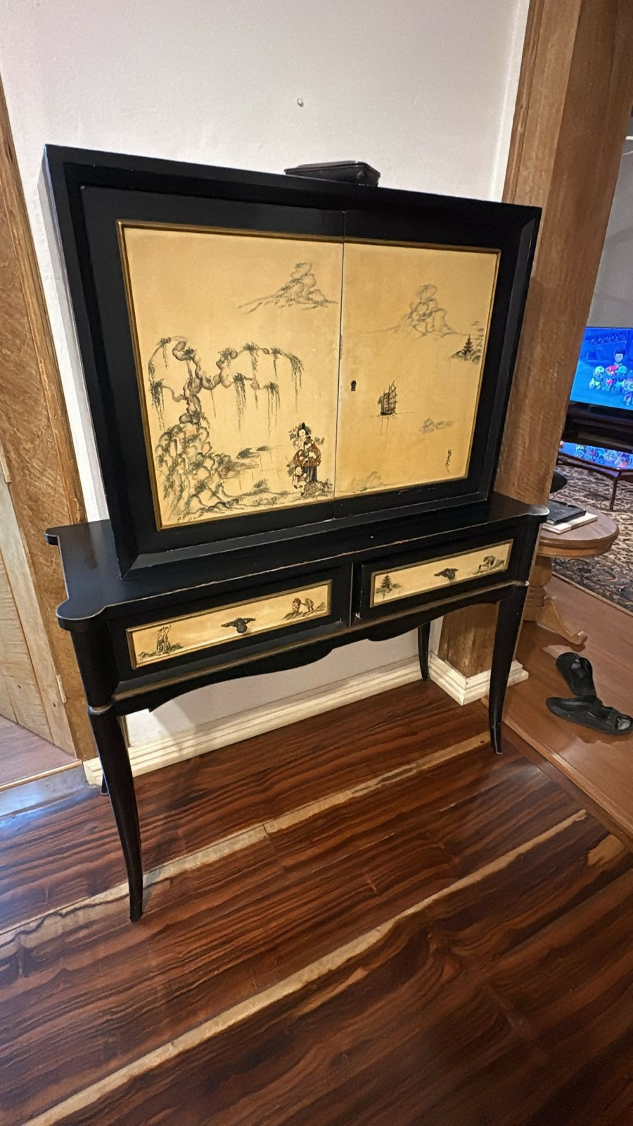 Bar Chinoiserie Anos 50 em laca preta - Art Déco-Oriental