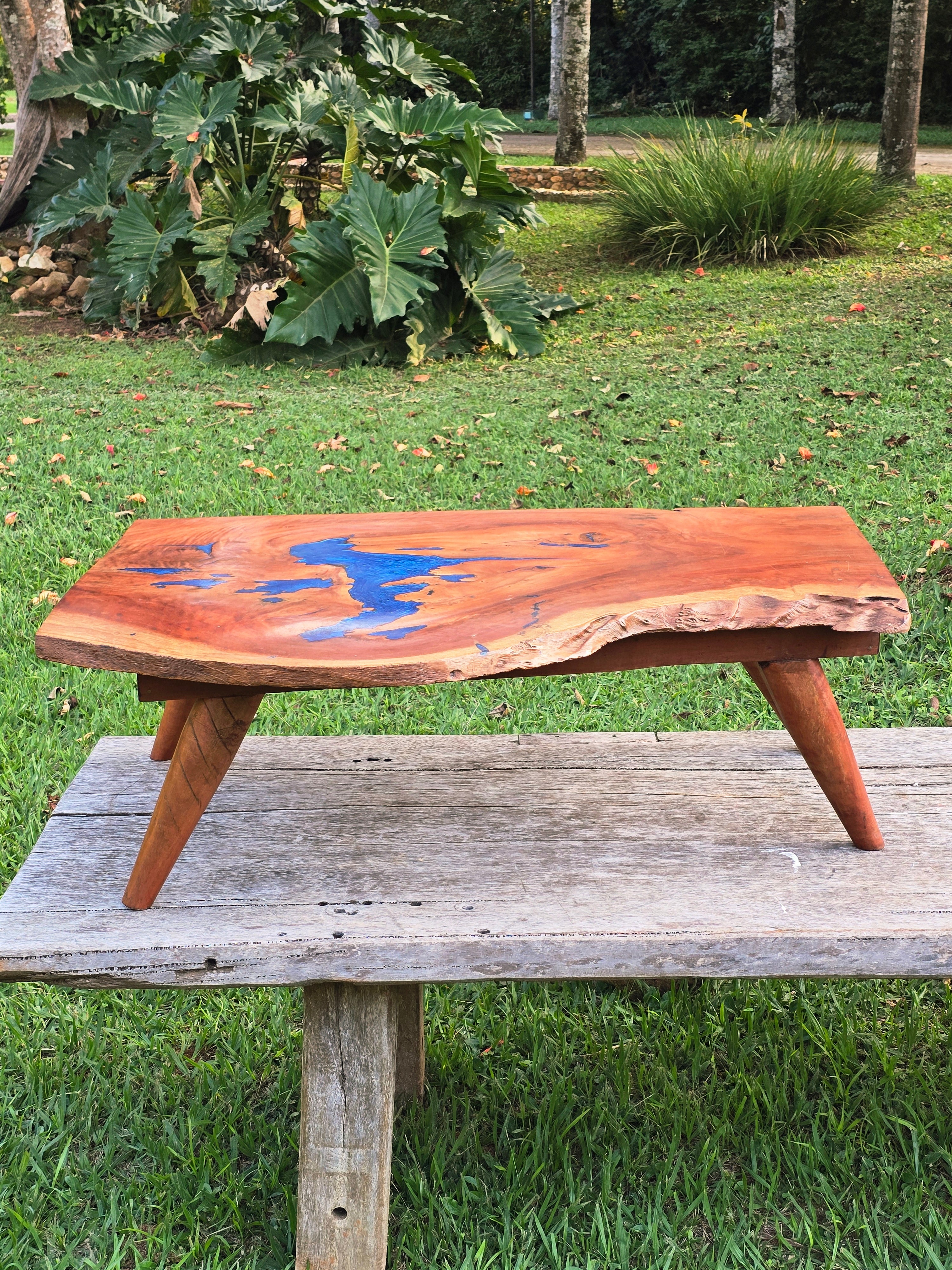 Mesa de Centro Madeira Maciça Resina Azul