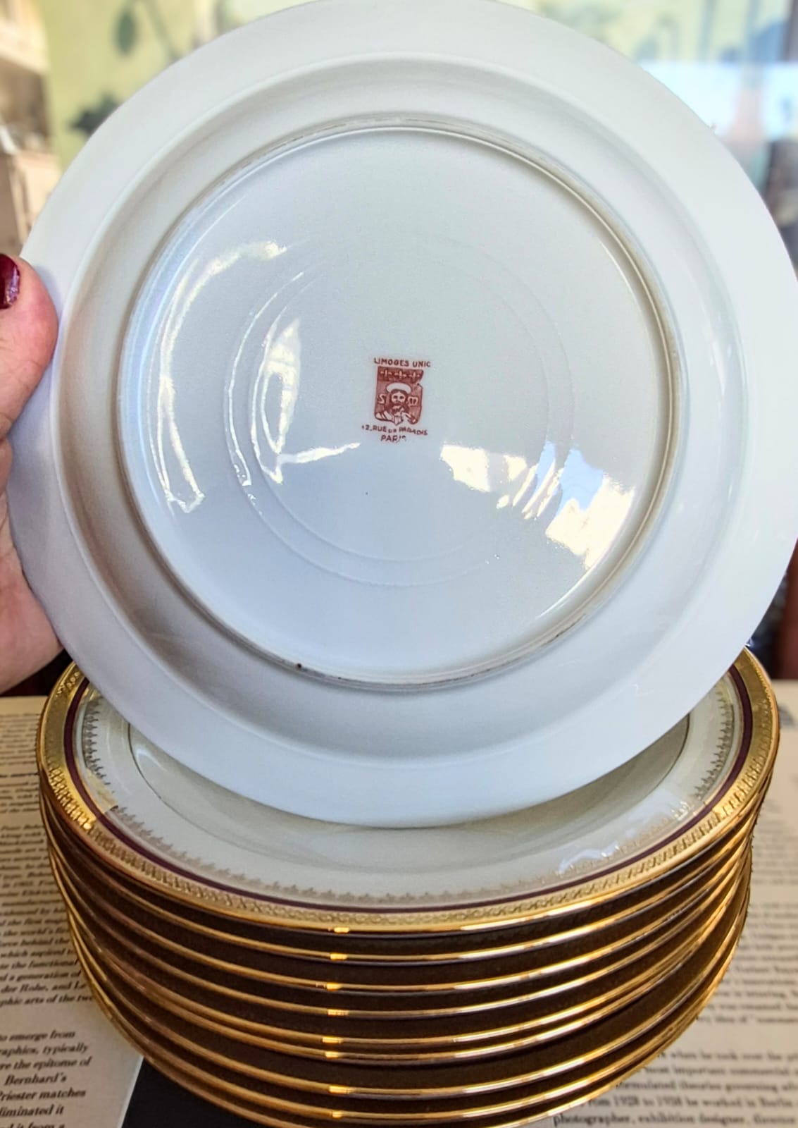 Conjunto em porcelana vintage espetacular francesa Limoges Unic, anos 50, com linda e intacta faixa em ouro 24k incrustado