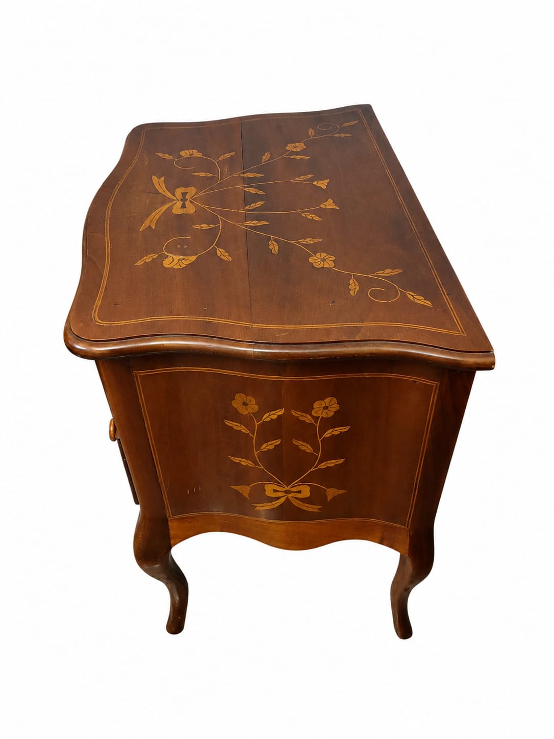 MINI CÔMODA/MESA DE CABECEIRA BOMBÊ COM MARCHETARIA FLORAL
