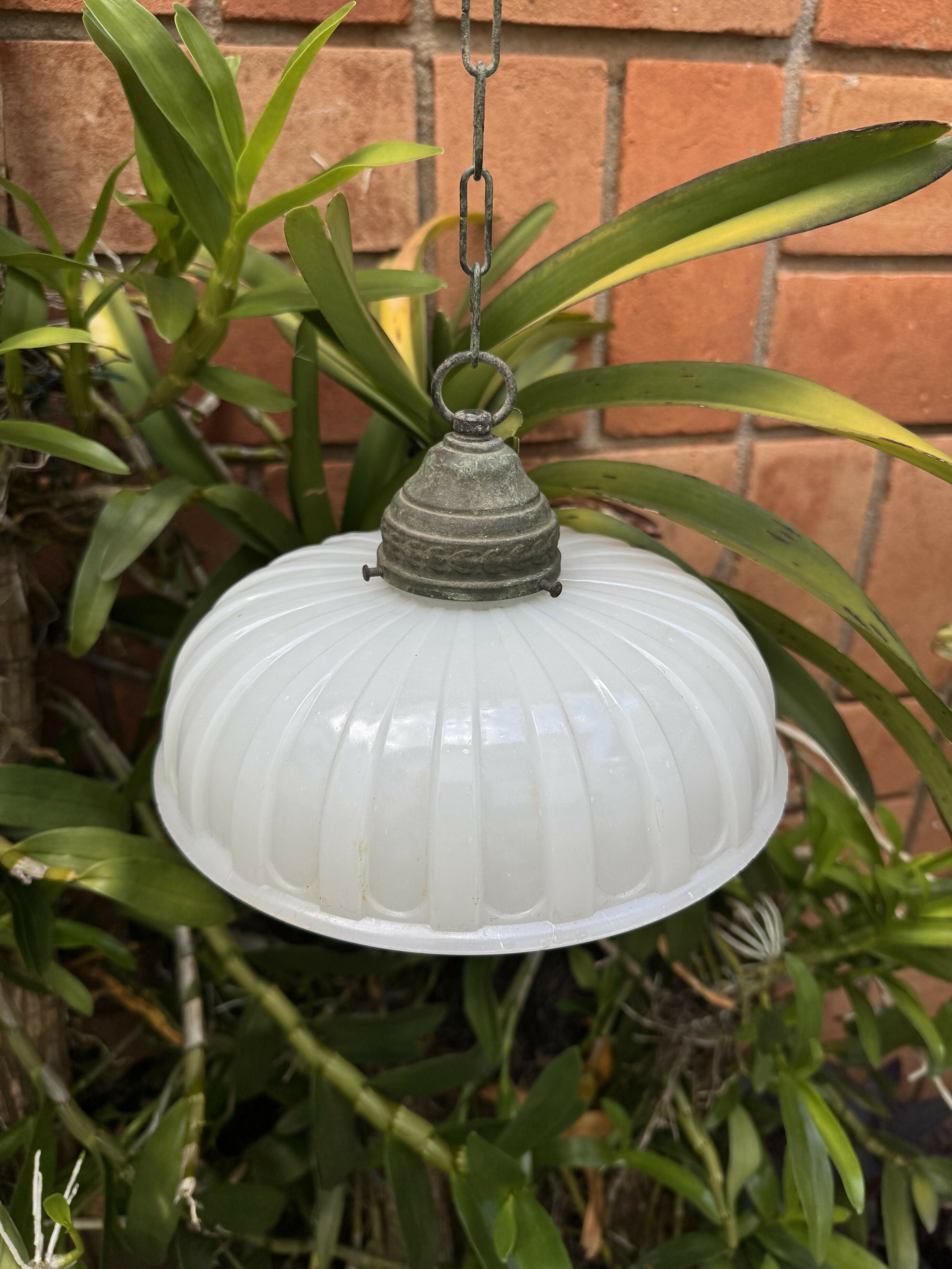 Rara e antiga luminária com linda cúpula em opalina