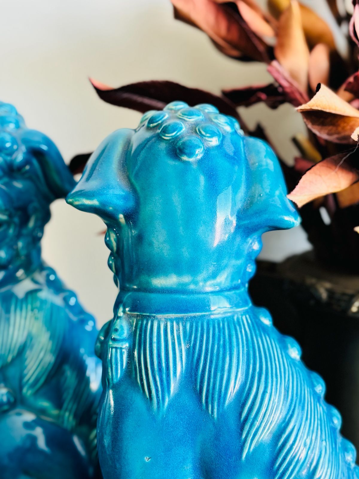 Par de Cães de Fó em porcelana Bleu de Chine