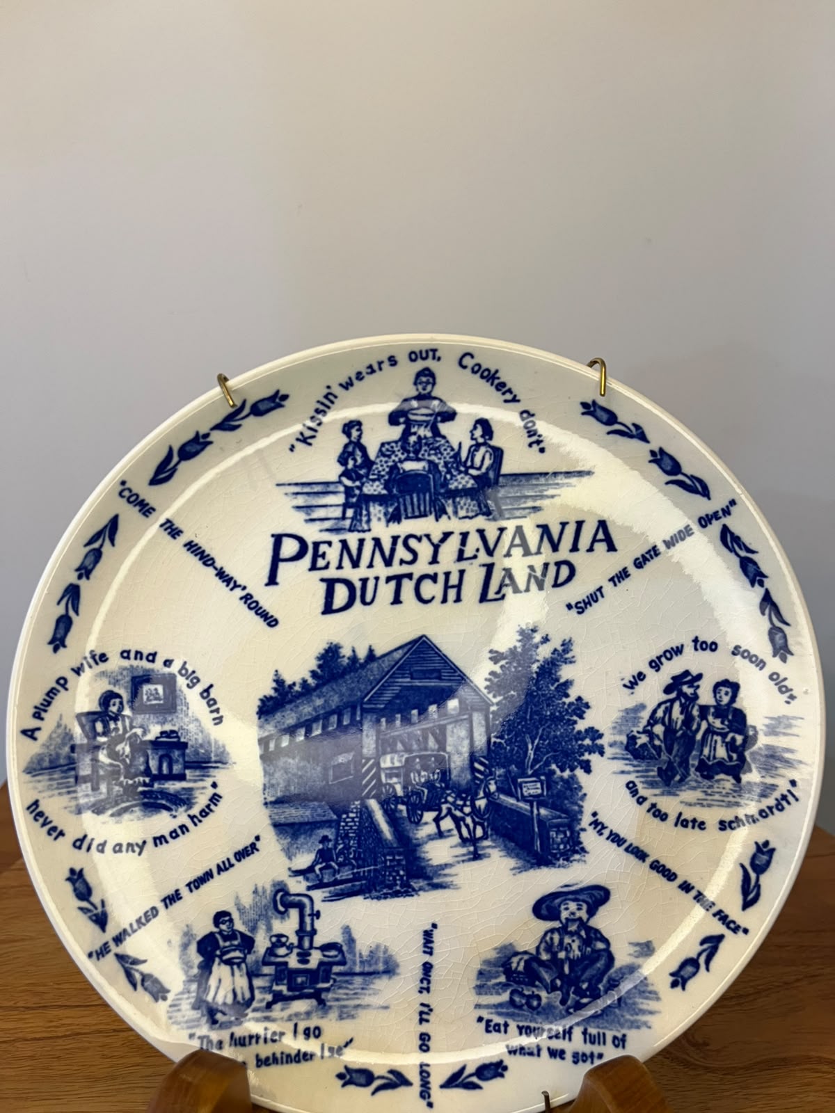 Prato decorativo em cerâmica Pennsylvania Dutch Land azul e branco – Japão – 24 cm