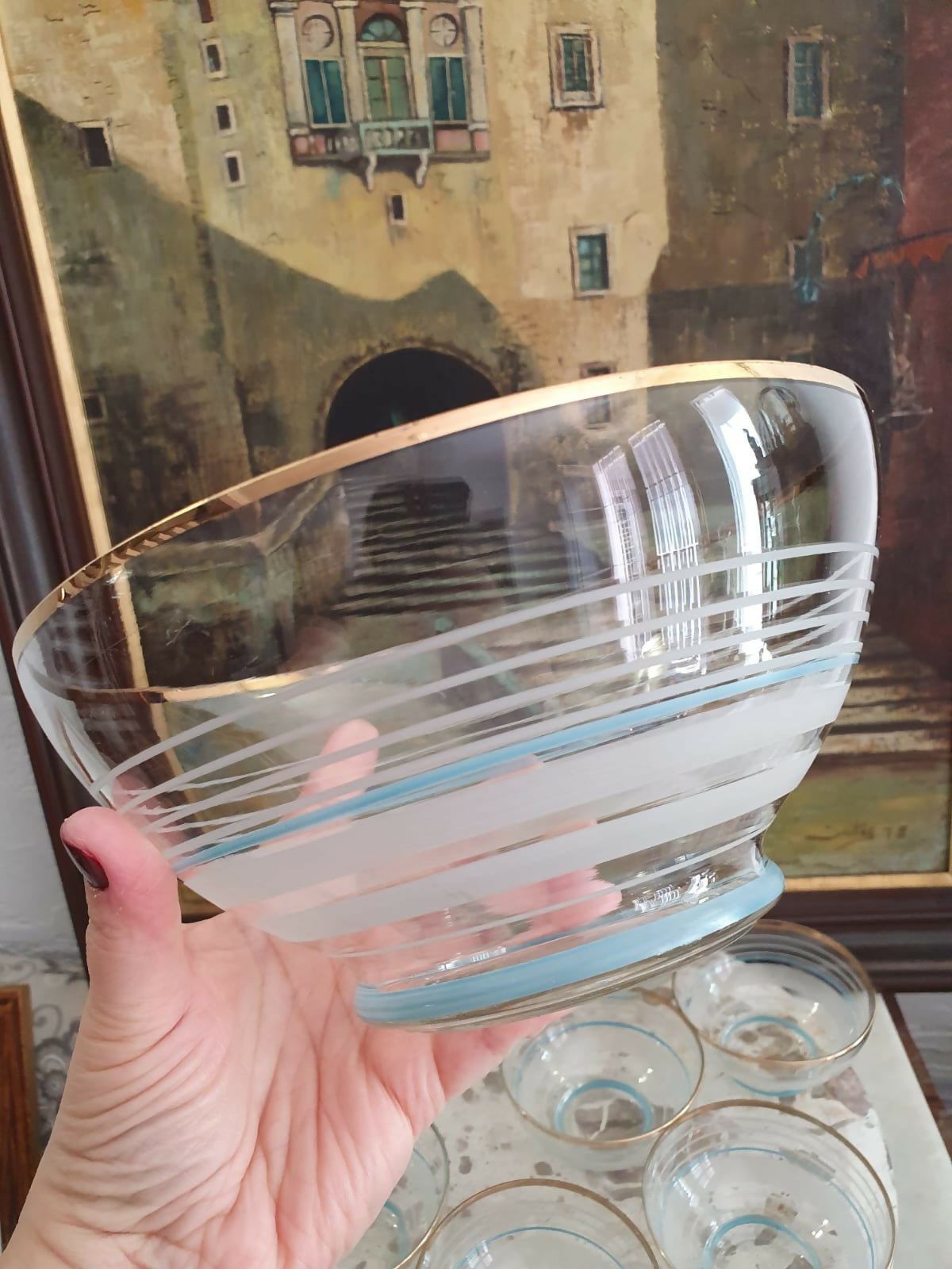 Conjunto para sobremesa com 7 peças em vidro anos 50, impecáveis. Maravilhoso!